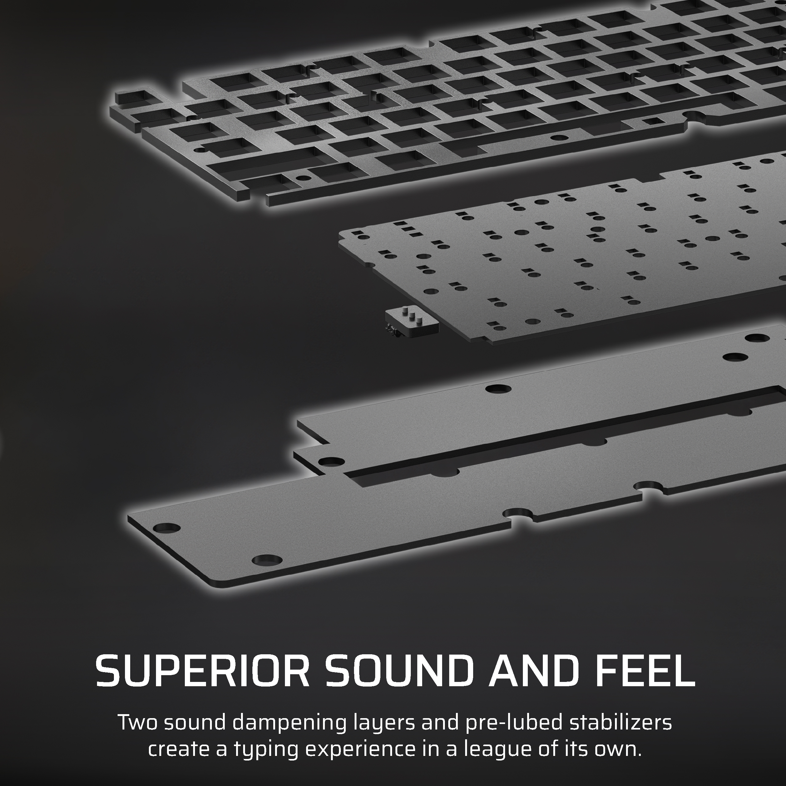 Pièces de clavier noires superposées, avec le texte 'SUPERIOR SOUND AND FEEL' et une description.