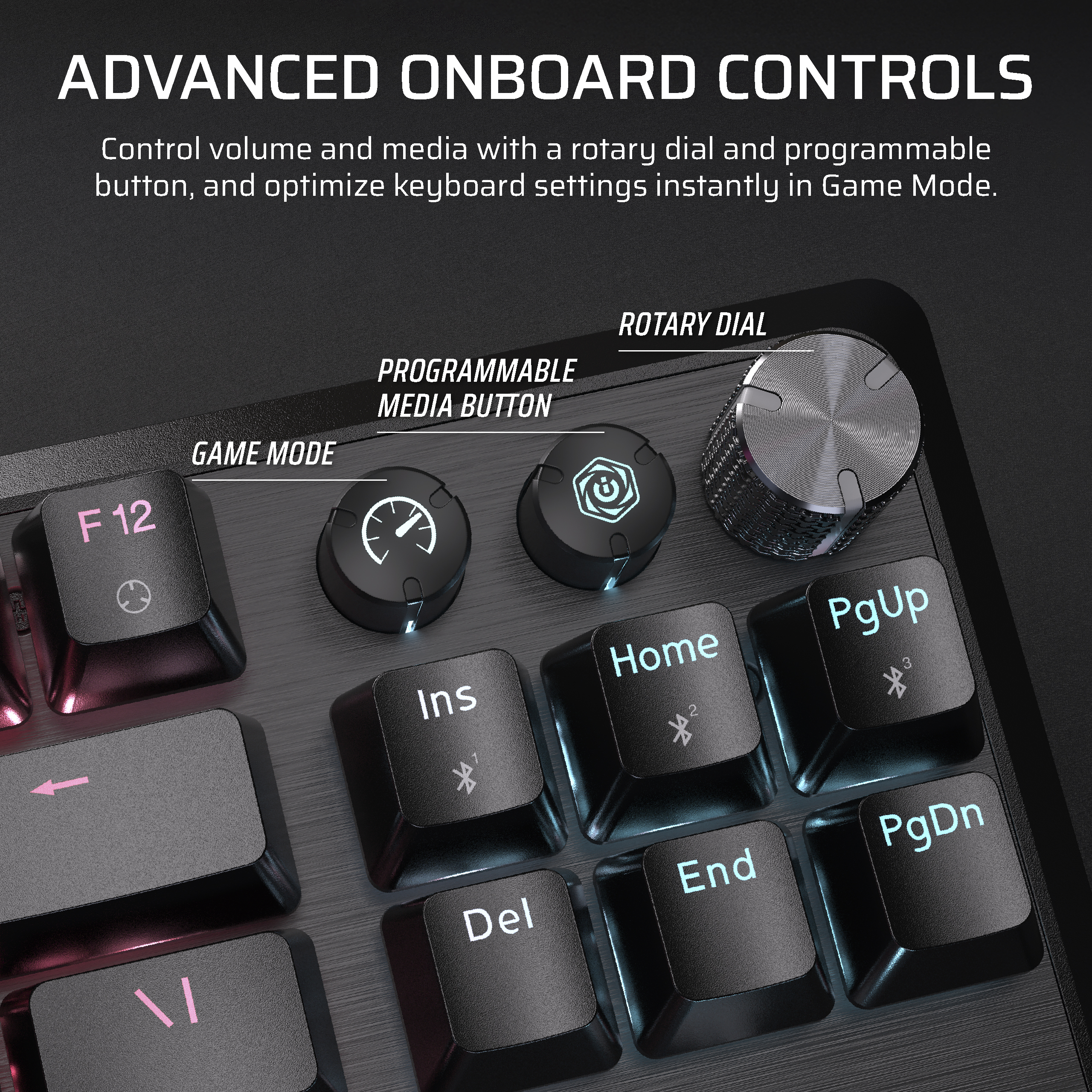 Clavier avec commandes embarquées avancées. Molette rotative et boutons multimédias.