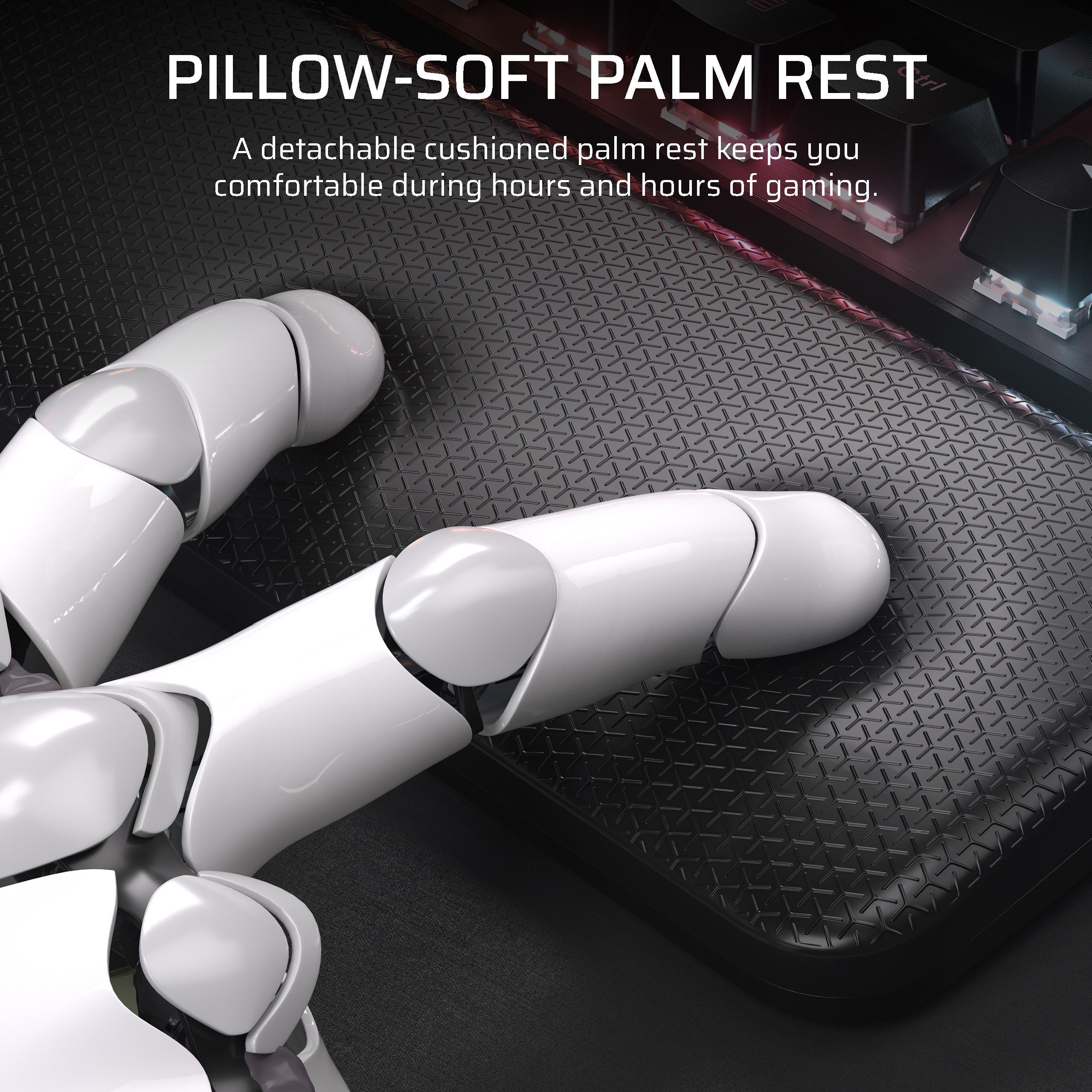 Un bras robotique blanc repose sur une surface noire, texte : PILLOW-SOFT PALM REST.