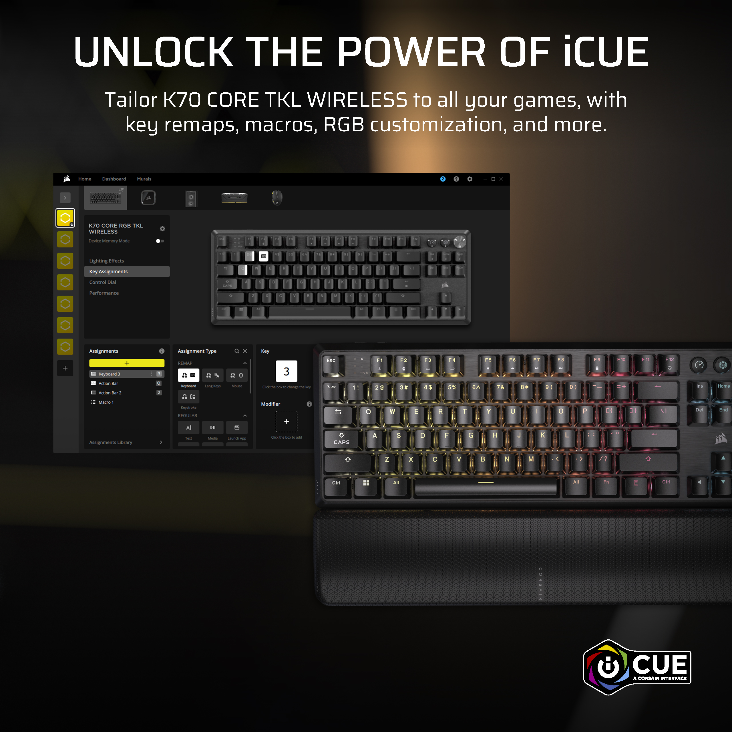 Deux claviers, l'un avec un écran affichant des paramètres, avec des remappages de touches et options RGB.