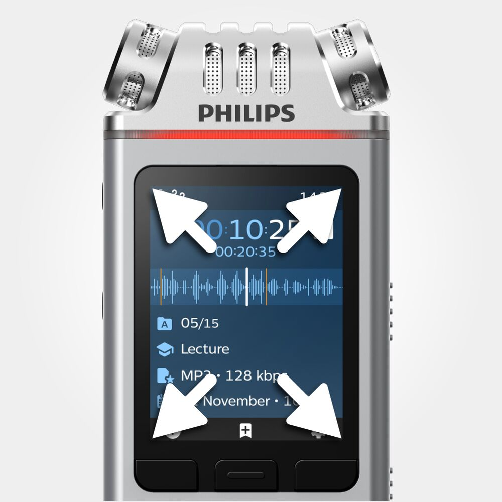 Ein silber-schwarzer Philips-Rekorder mit Pfeilen, die auf den Bildschirm zeigen.