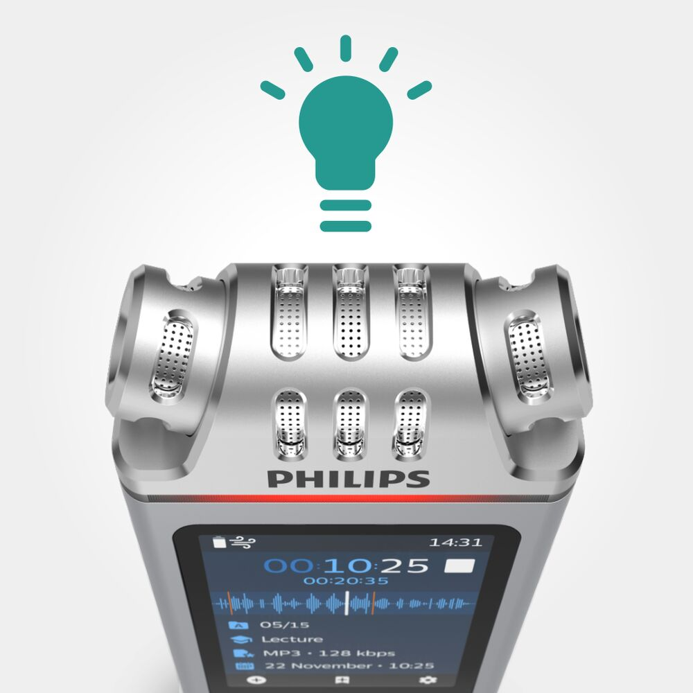 Silberner Philips Audiorecorder mit Display und Glühbirnen-Symbol.