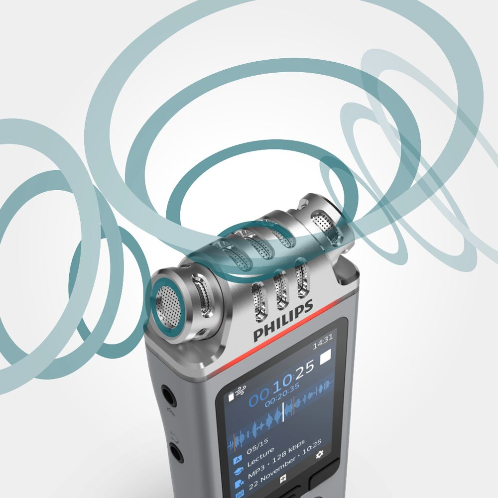 Ein silberner Philips Sprachrecorder mit Bildschirm, umgeben von blauen Kreismotiven.