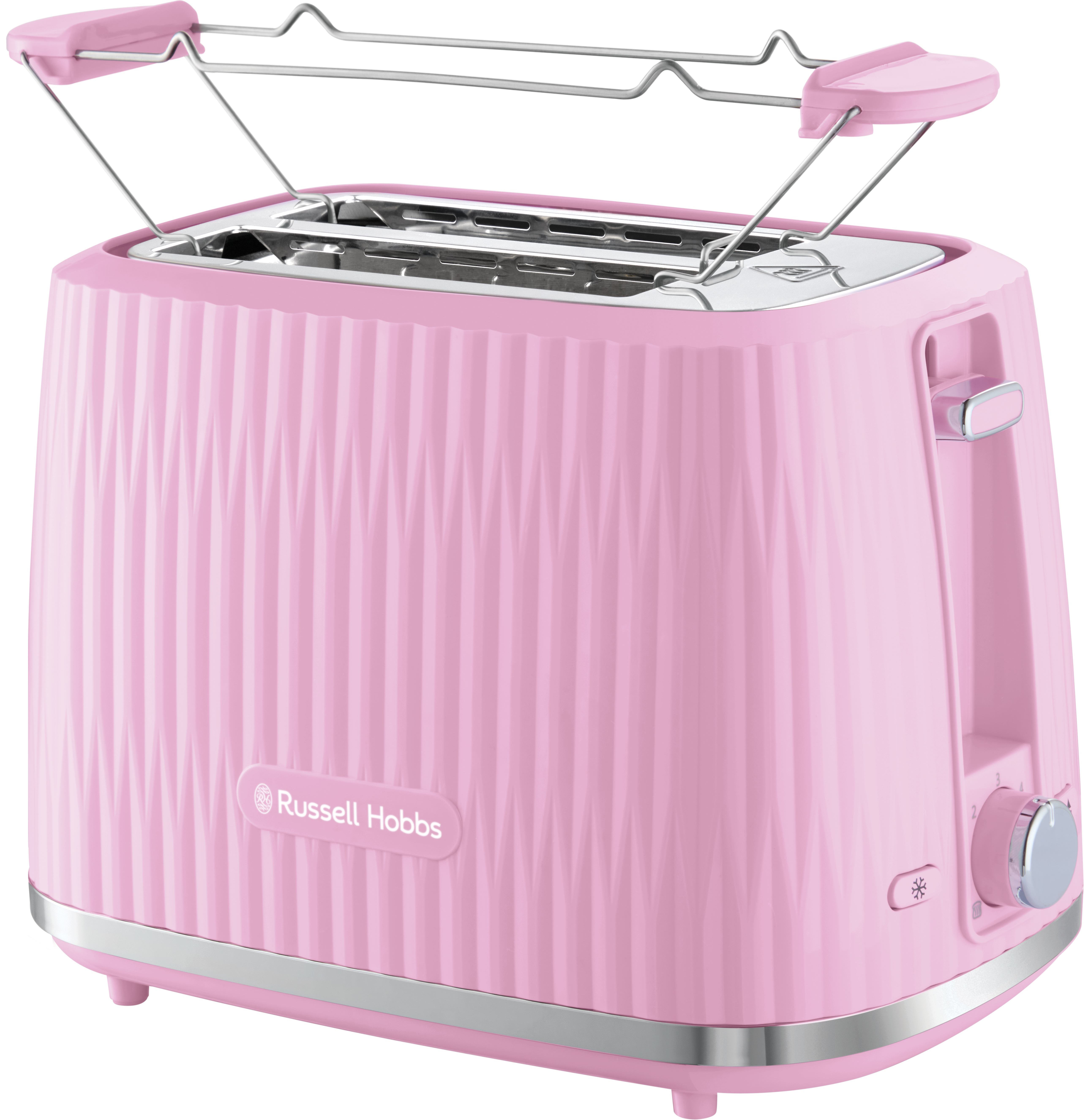 Rosa Russell Hobbs Toaster mit strukturierter Oberfläche, zwei Schlitzen und einem silbernen Hebel und Bedienelementen.