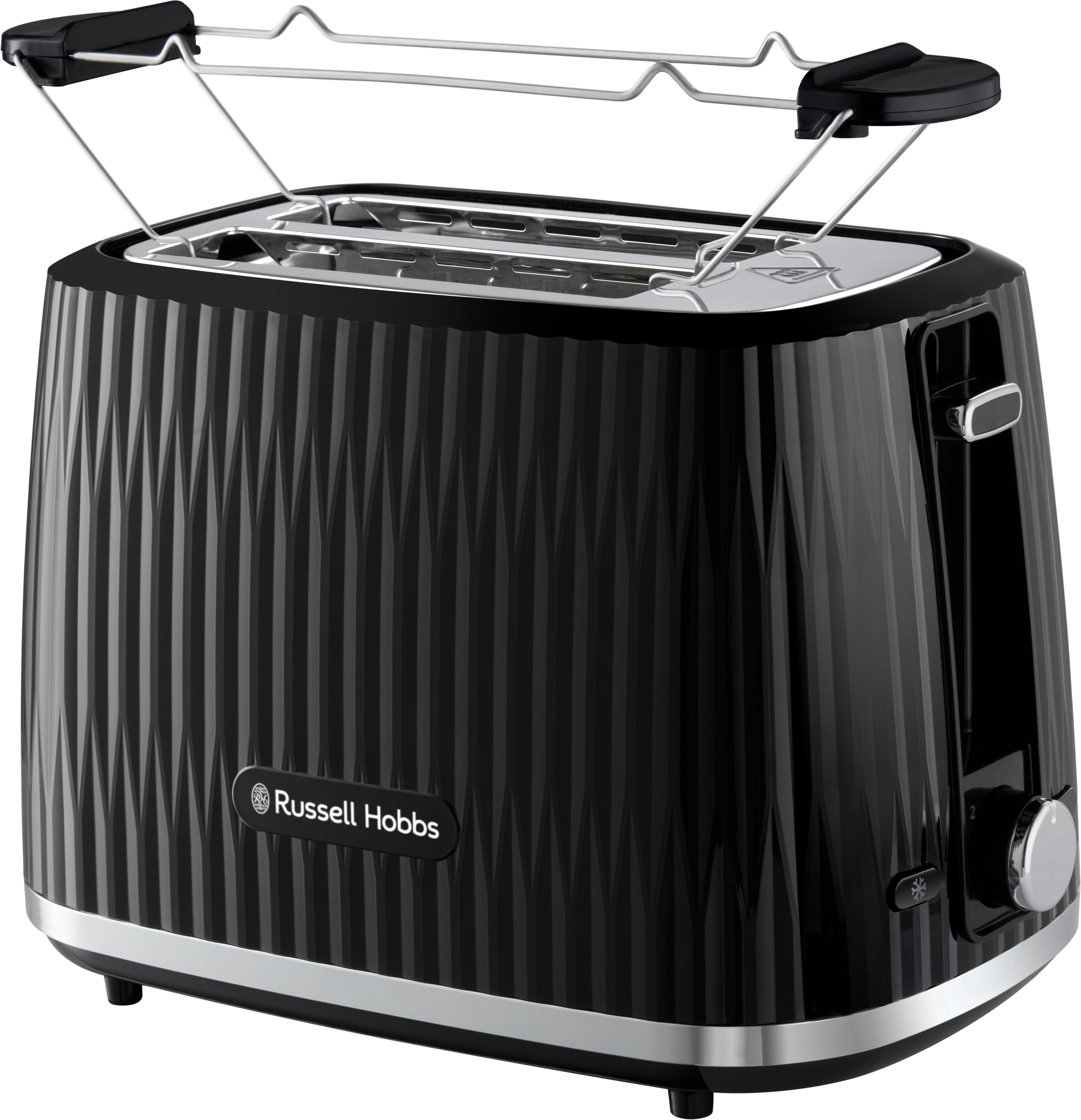 Schwarzer Toaster mit geripptem Design, silbernen Akzenten und einem Bedienknopf. Weißer Hintergrund.