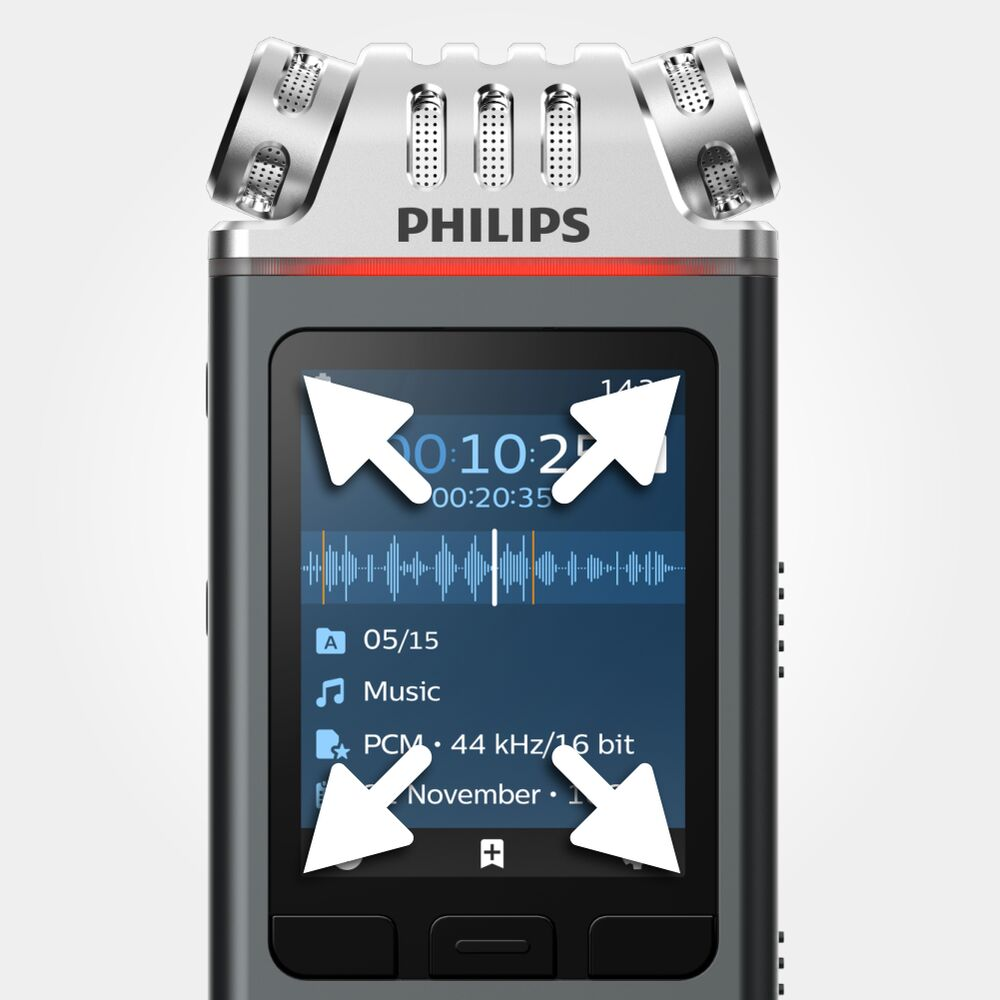 Ein Philips-Diktiergerät mit Bildschirm, der Aufnahmedetails und Pfeilindikatoren zeigt.