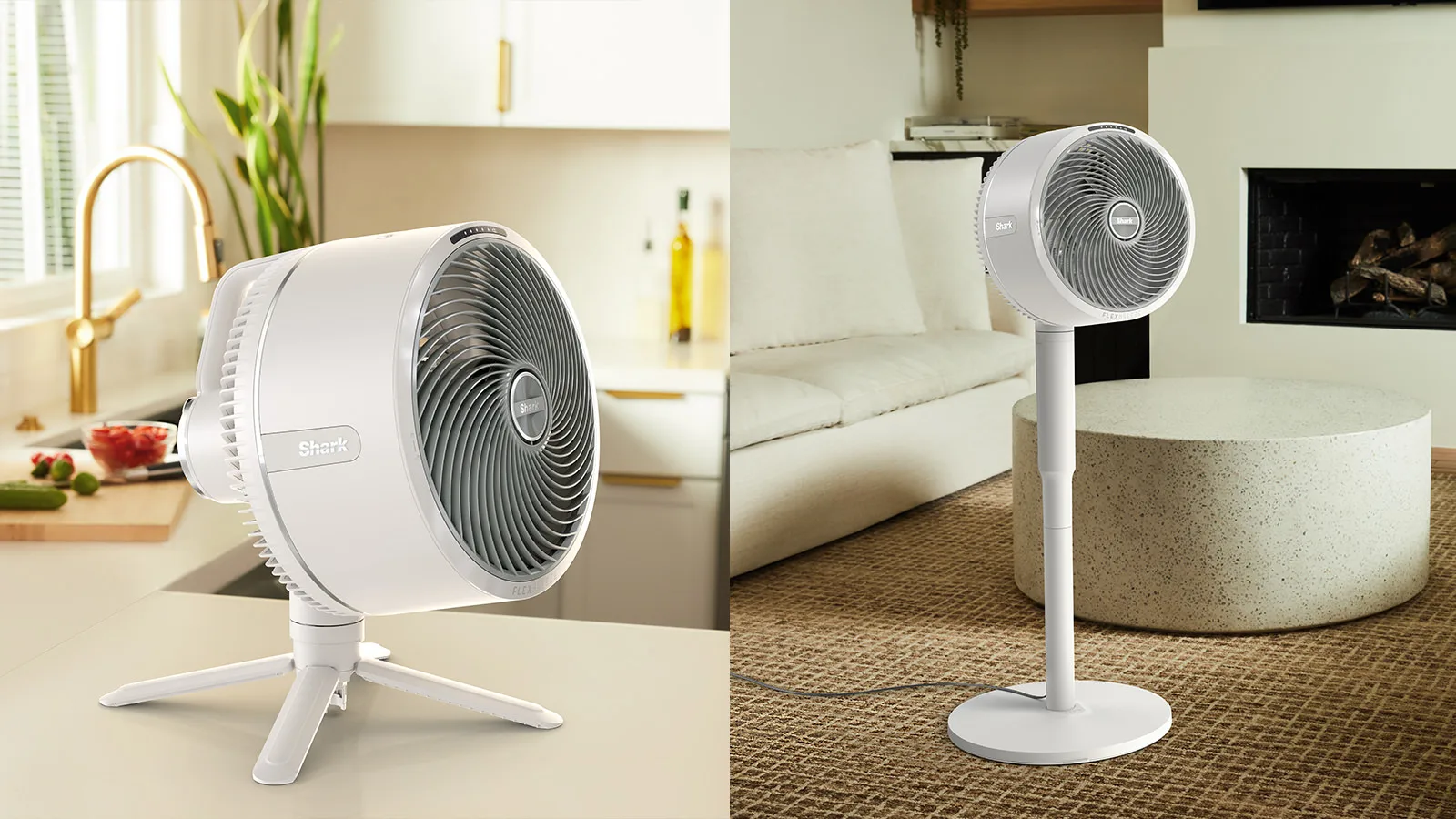 Két fehér ventilátor, az egyik állványon, a másik asztalon, fehér helyiségekben.
