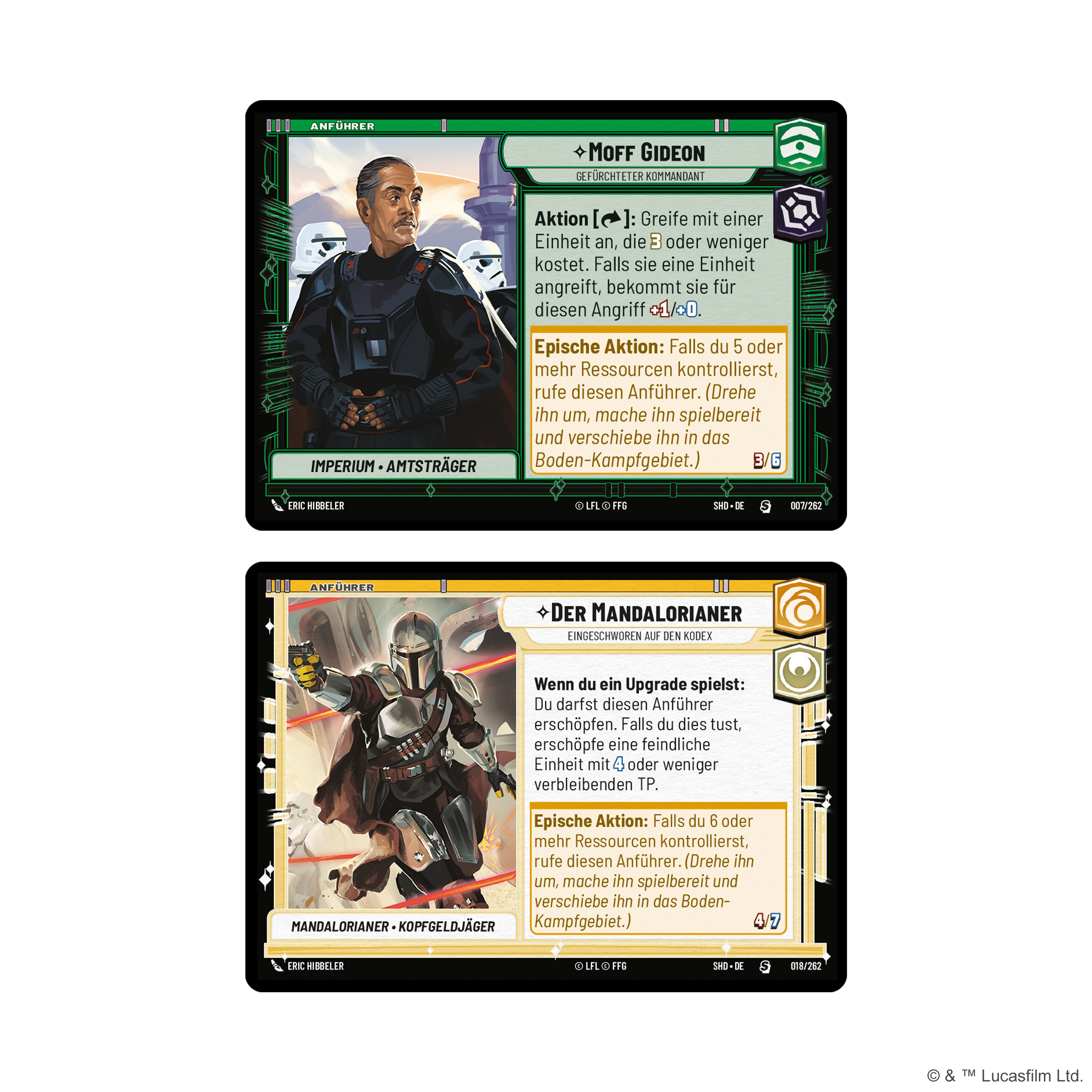 Zwei Star Wars Sammelkarten, eine mit Moff Gideon, die andere mit The Mandalorian.