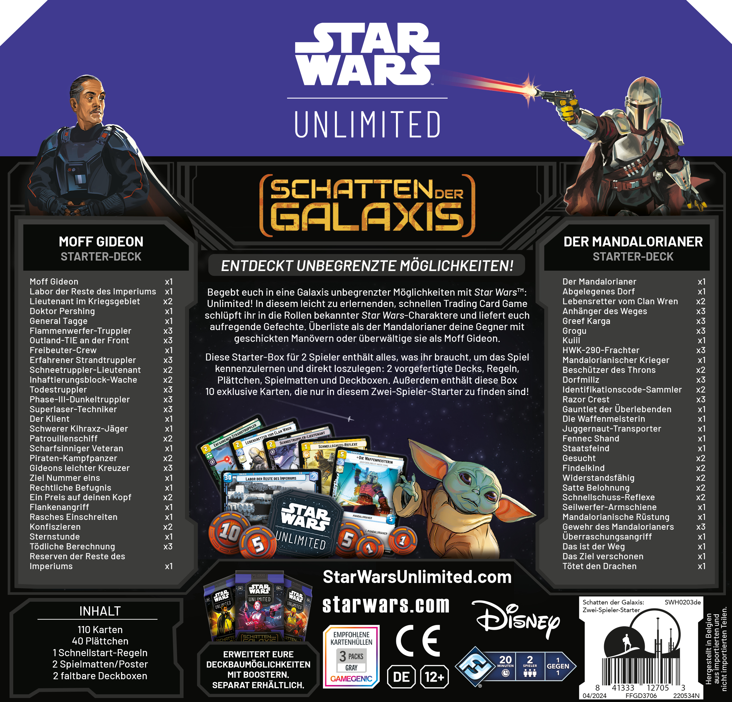 Star Wars Unlimited Kartenspielbox mit Charakteren, Karten und Spielinformationen.