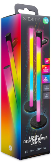 Box mit zwei beleuchteten Desktop-Turmlampen mit farbigen RGB-Lichtern und dem Wort 'Stealth'.