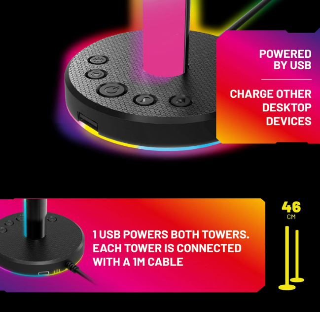 Schwarze Schreibtischlampe mit Knöpfen und farbigen Lichtern. Text weist auf USB-Stromversorgung und Aufladen hin.