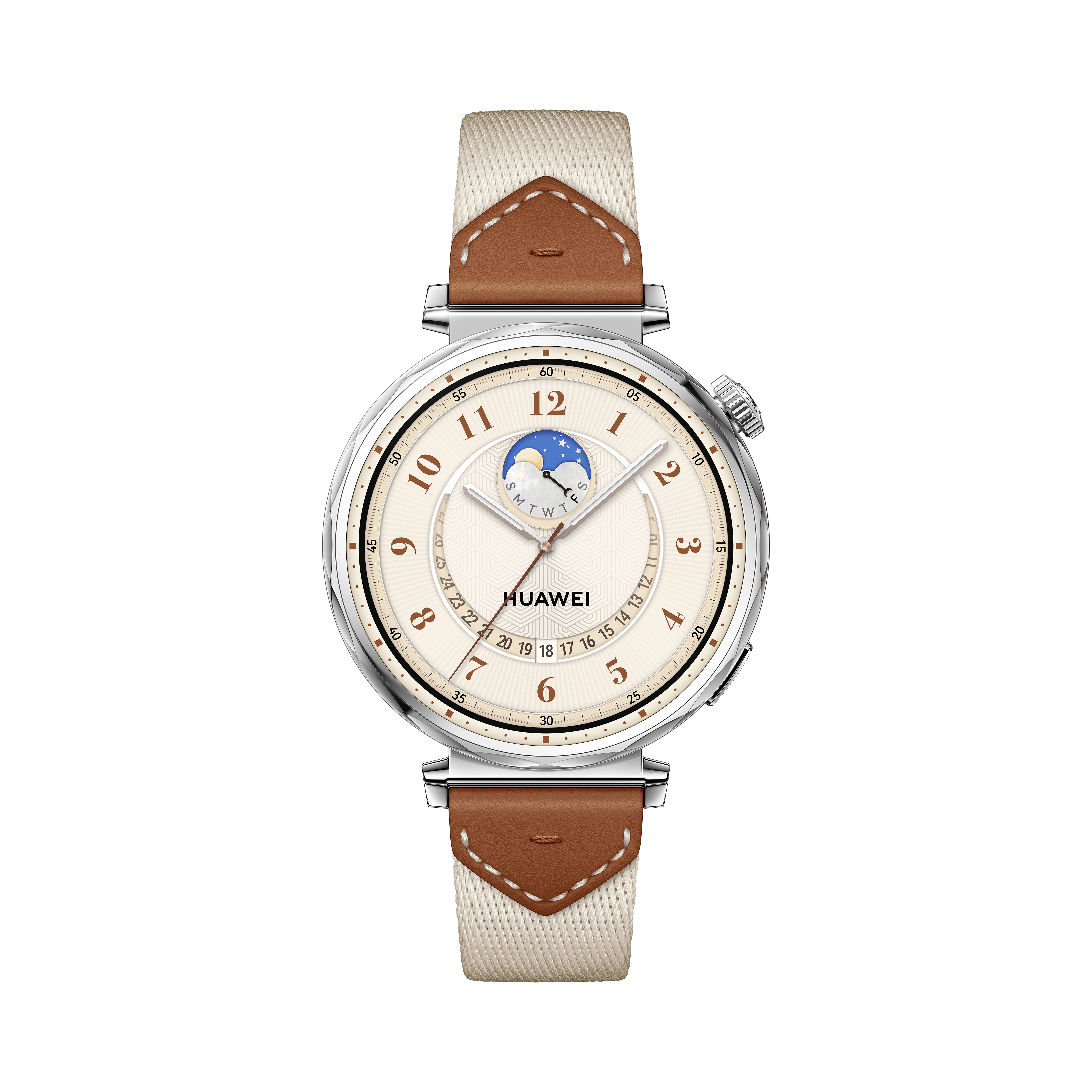 Srebrny smartwatch z kremową tarczą, brązowym skórzanym paskiem. Pokazuje godzinę i datę.