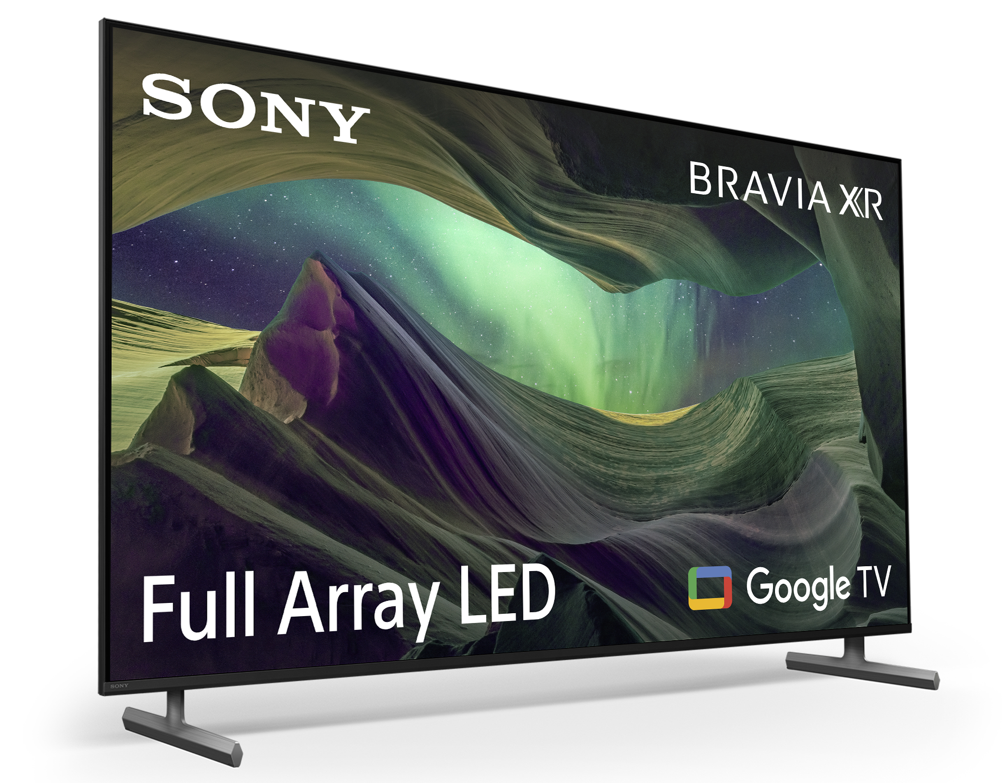 Duży telewizor Sony Bravia XR z nakładką tekstową i krajobrazem.