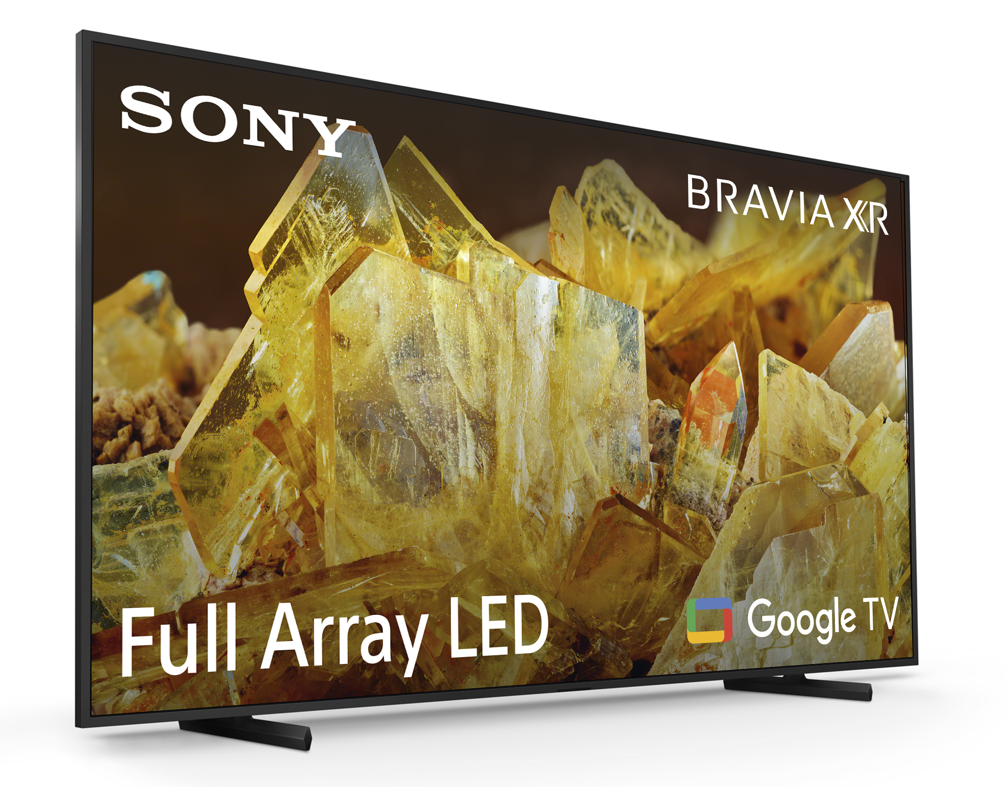 Telewizor Sony Bravia XR wyświetla abstrakcyjny żółto-pomarańczowy obraz. Tekst: SONY, BRAVIA XR, Full Array LED.