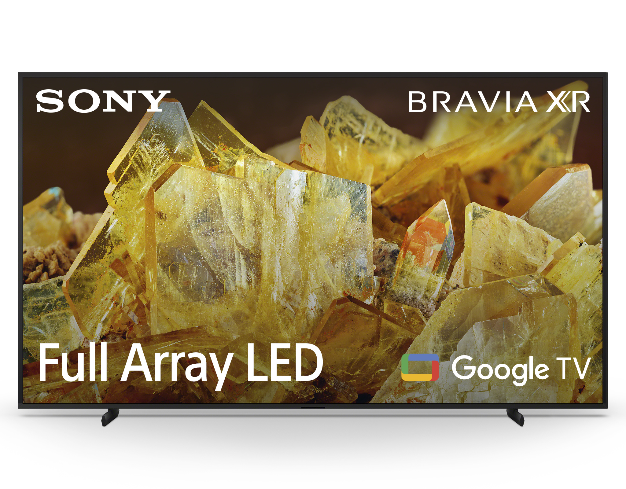 Telewizor Sony Bravia XR wyświetlający żółtą, krystaliczną strukturę. Czarna ramka, logo Google TV.