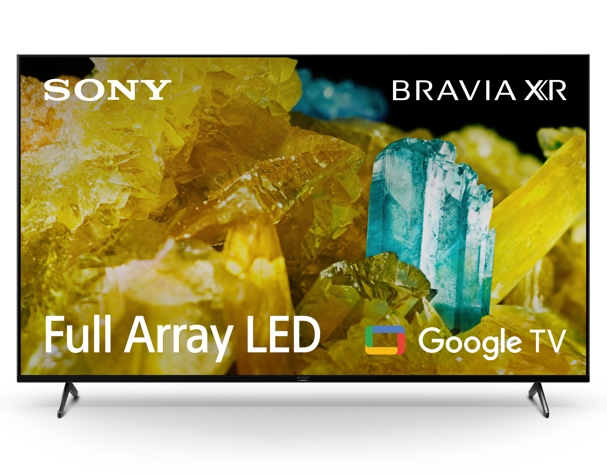 Telewizor Sony Bravia XR. Czarna ramka, żółte i niebieskie kryształy oraz logo Google TV na białym tle.
