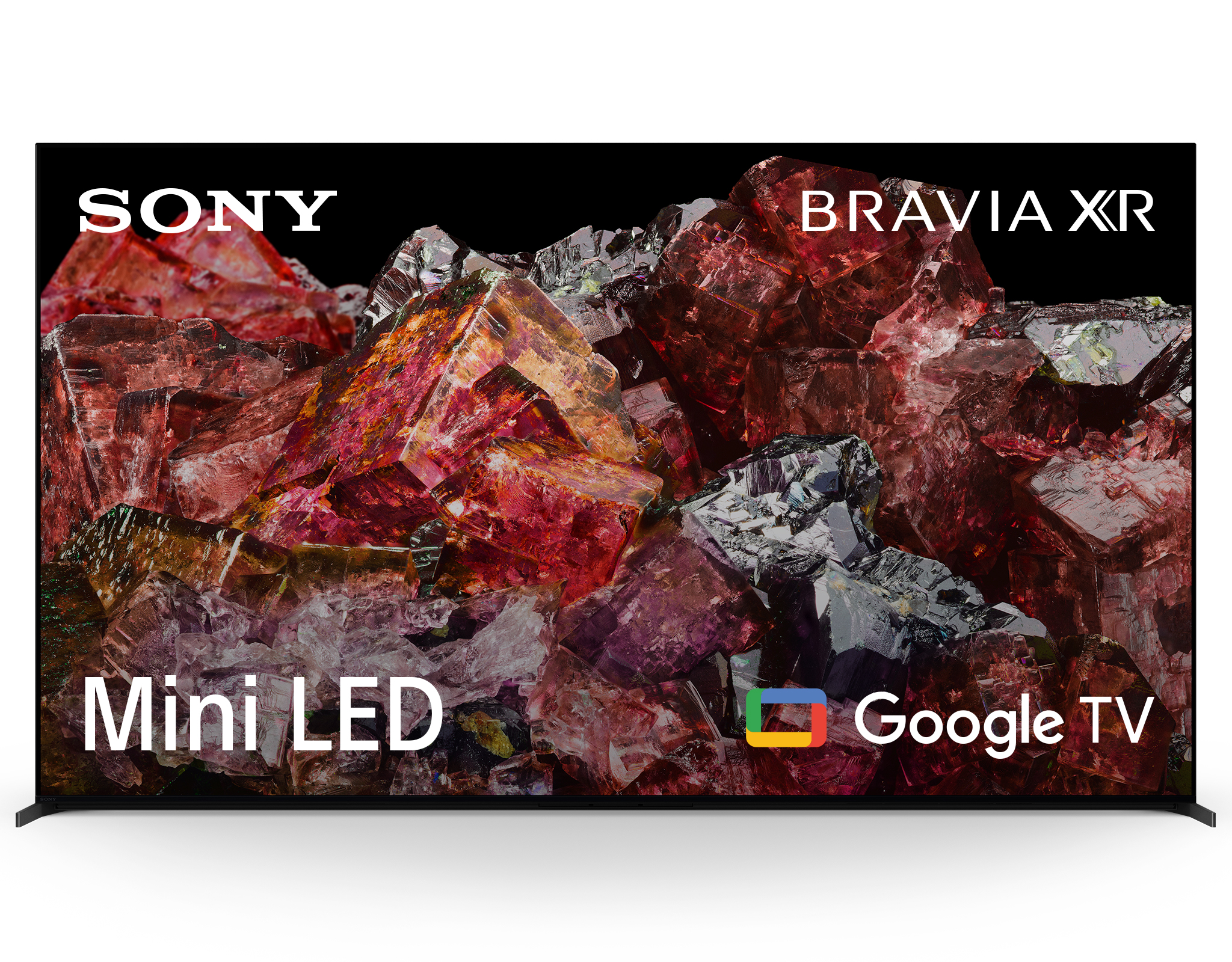 Telewizor Sony Bravia XR Mini LED Google TV. Ekran wyświetla abstrakcyjny wzór w kolorze czerwonym i brązowym. Czarna ramka.
