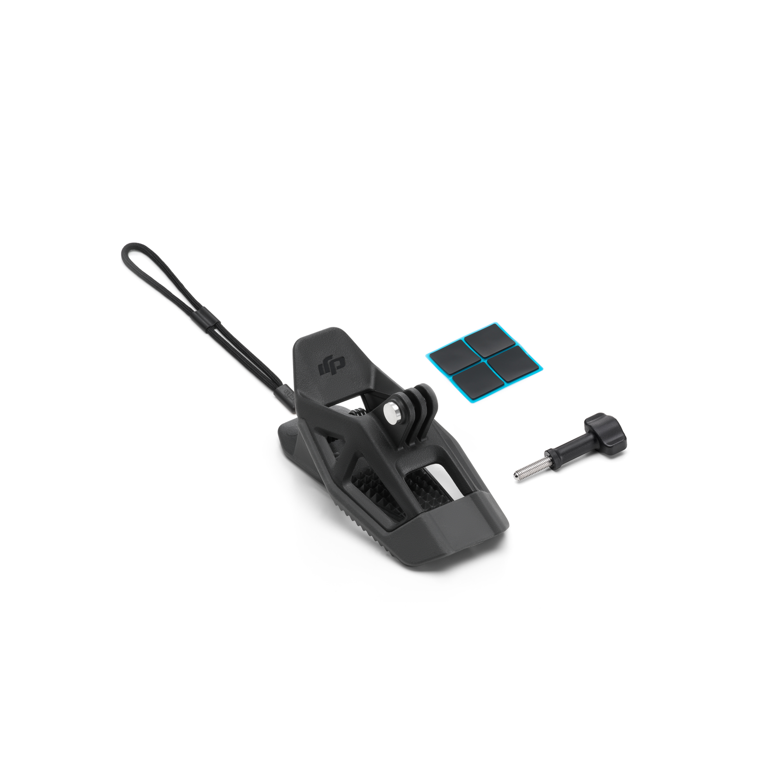 A black camera mount with a clip, a screw, and some blue adhesive pads on a white background.
