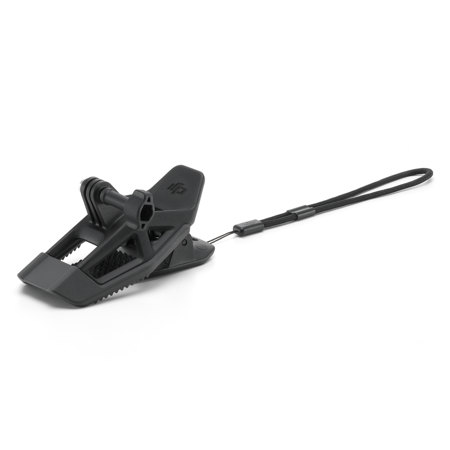 Black clip with strap. White background.