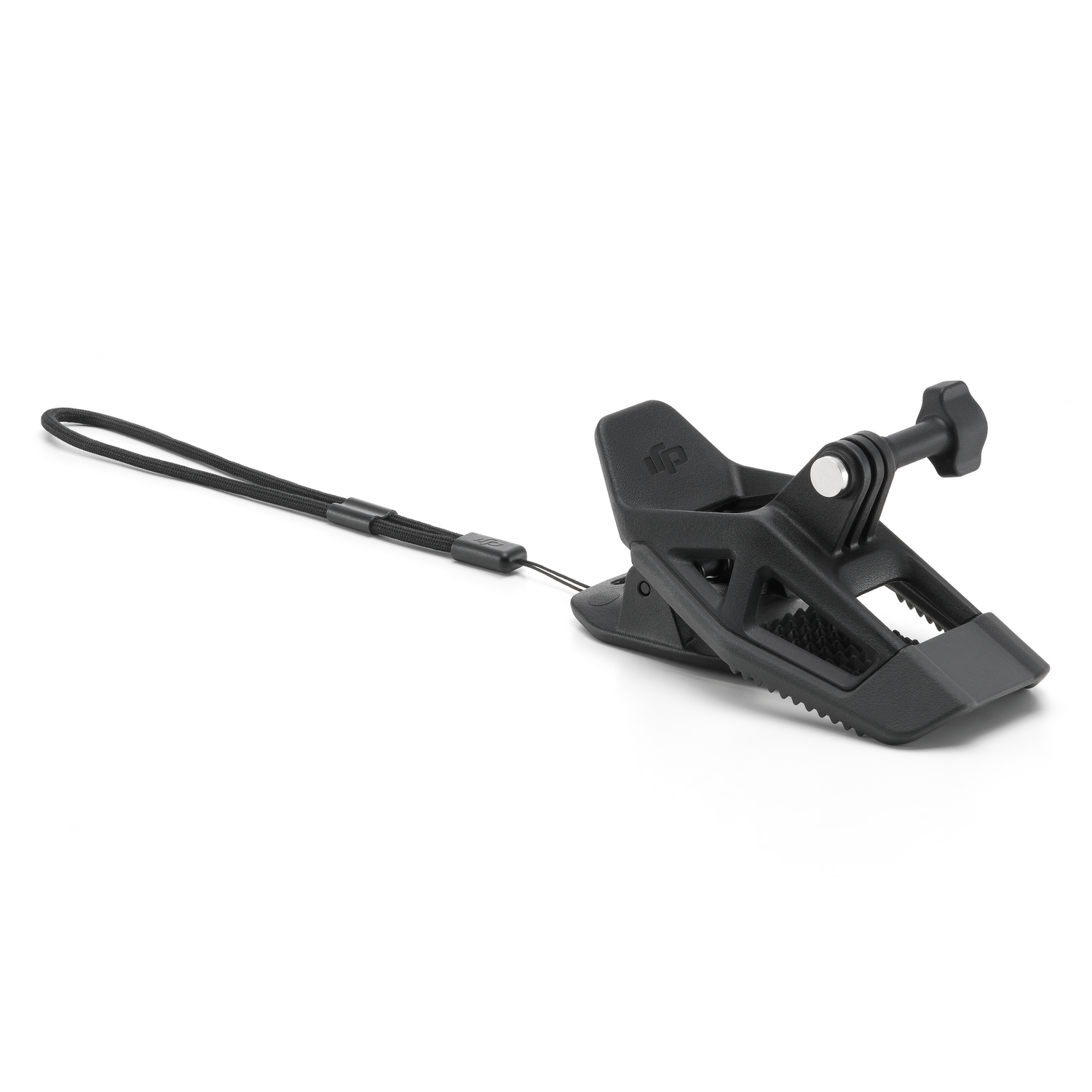 A black GoPro mount with a strap. The mount has a clamp and a screw.