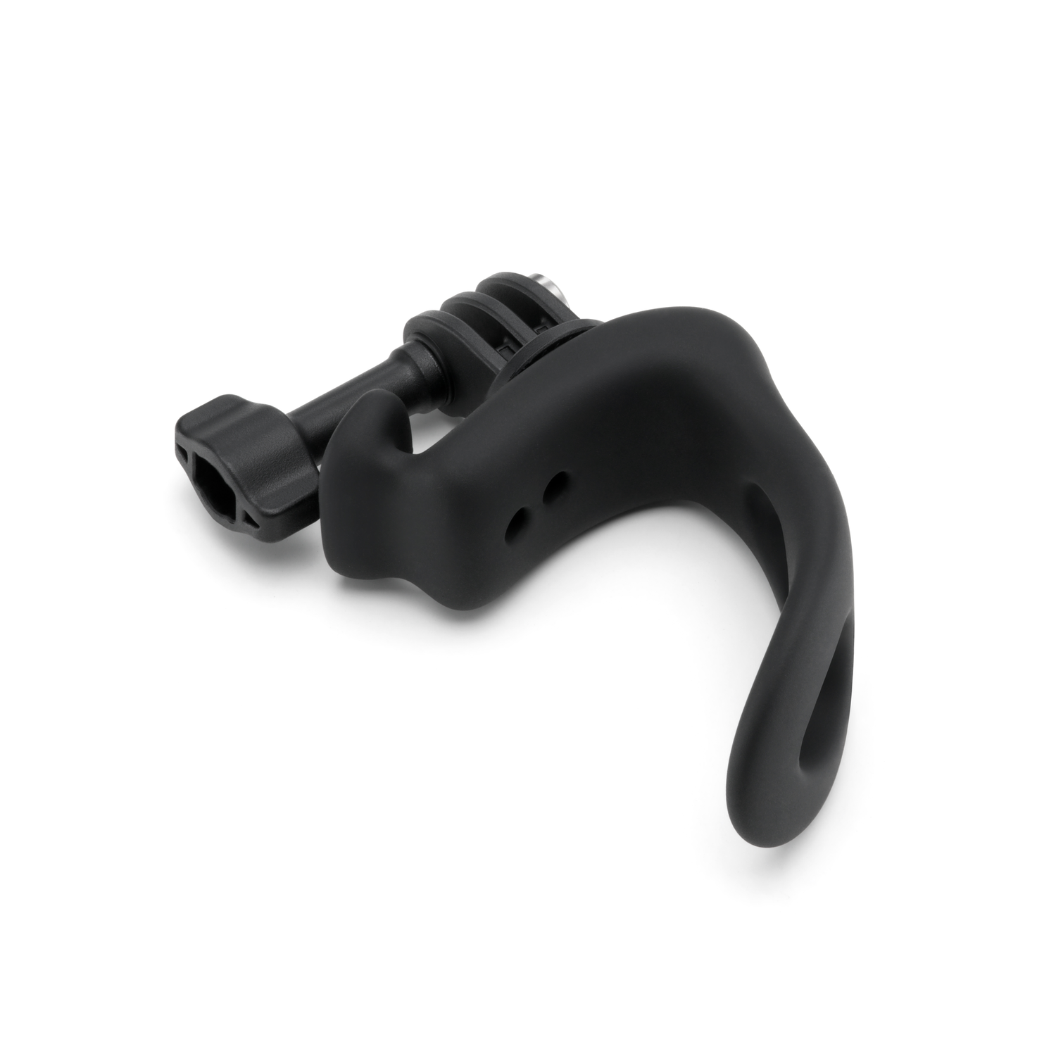 Black GoPro camera mount for a finger, with a curved handle and a small mounting point.