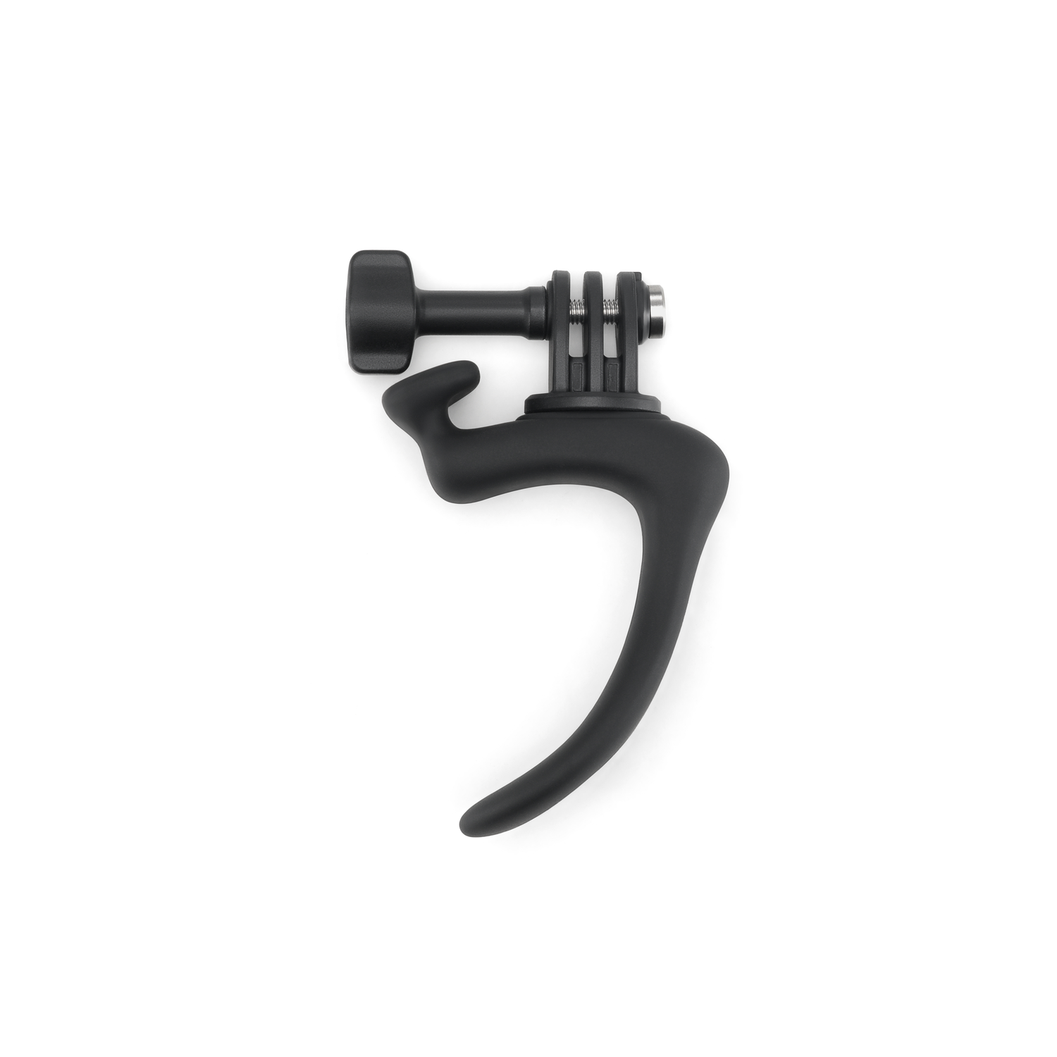 Black action camera mount on white background.