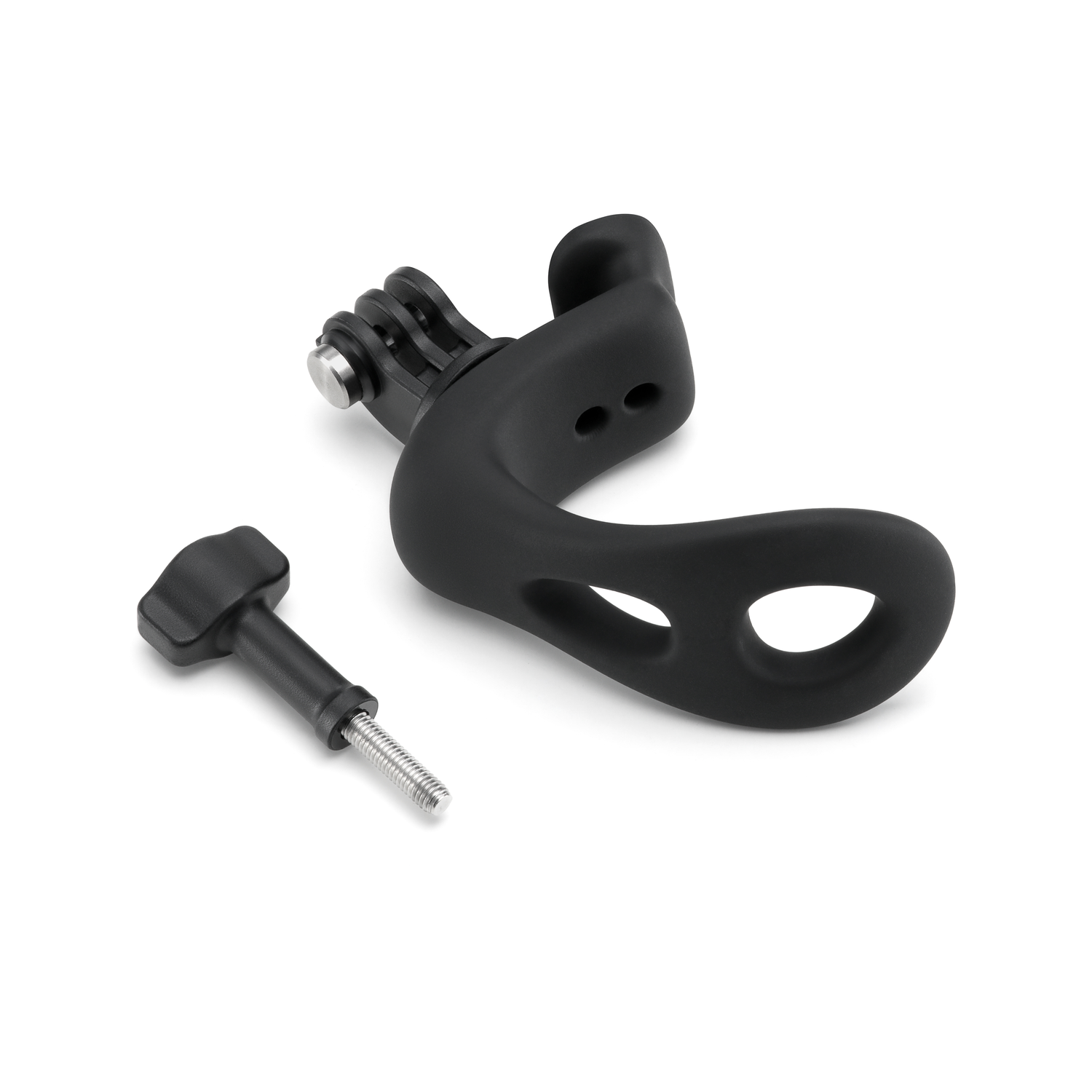 Black GoPro mount and a thumbscrew, isolated on a white background.