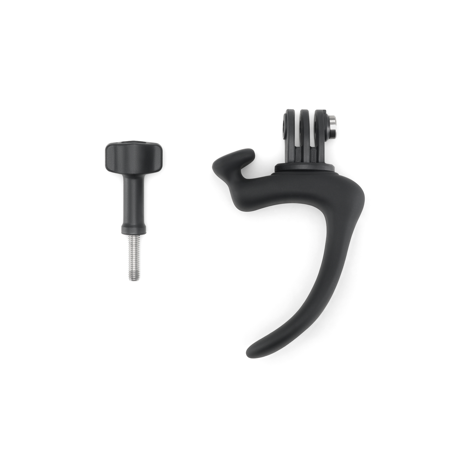 Black action camera accessories: mount and screw on white background.