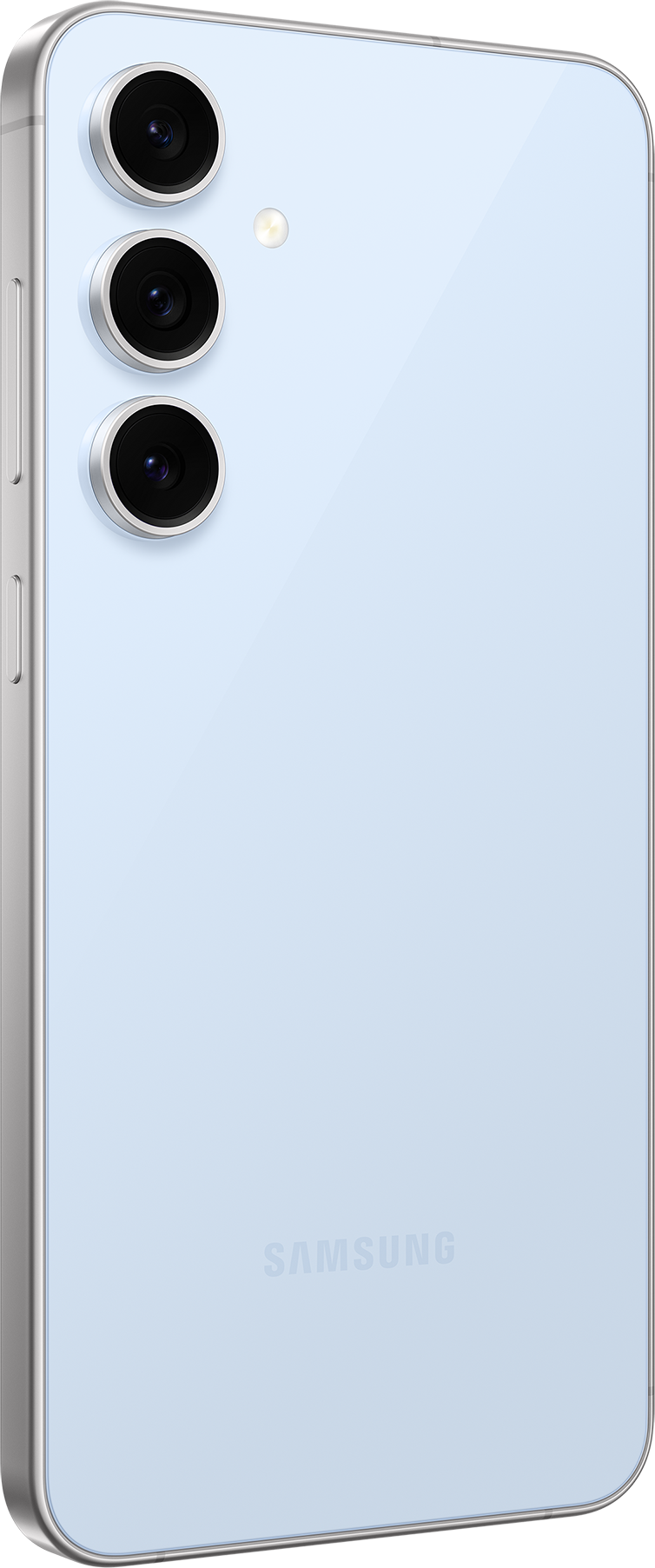 Világoskék telefon három hátlapi kamerával. Ezüst keret és Samsung logó.
