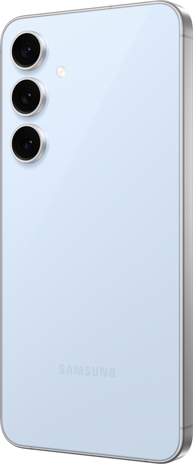 Egy világoskék okostelefon, hátulról, három kamerával és egy Samsung logóval.