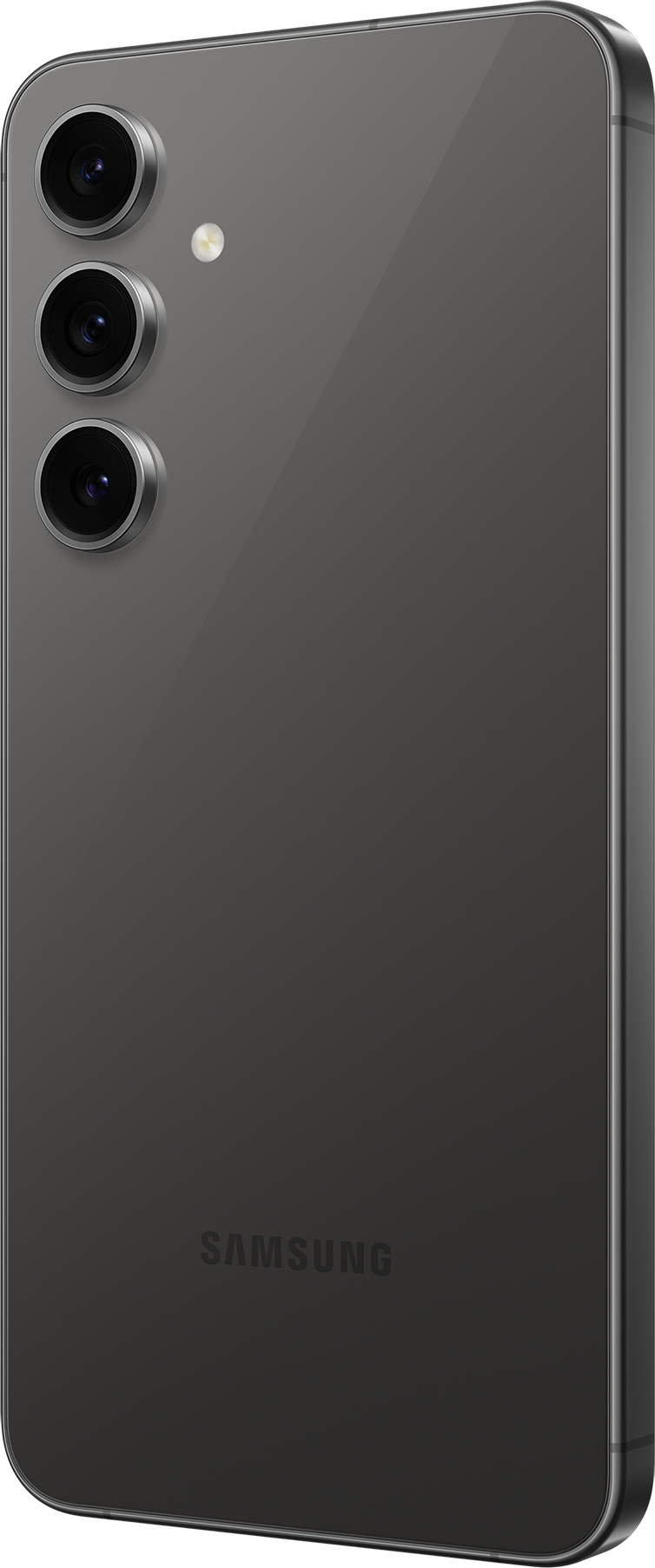 Sötétszürke okostelefon. Hátsó nézet, három kamerával. Samsung logó.