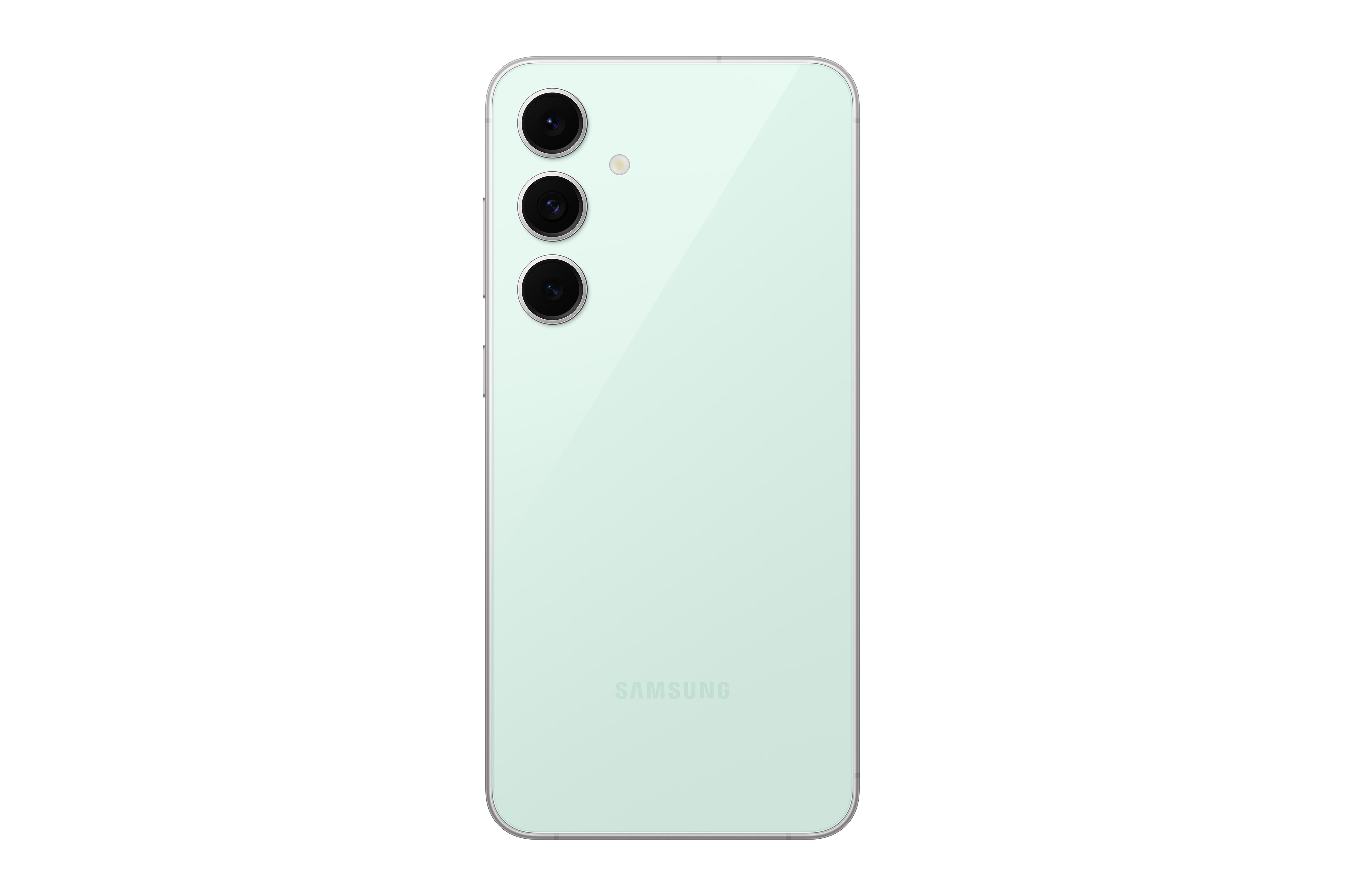 Rückseite eines mintgrünen Smartphones. Es gibt drei Rückkameras und das Samsung-Logo.