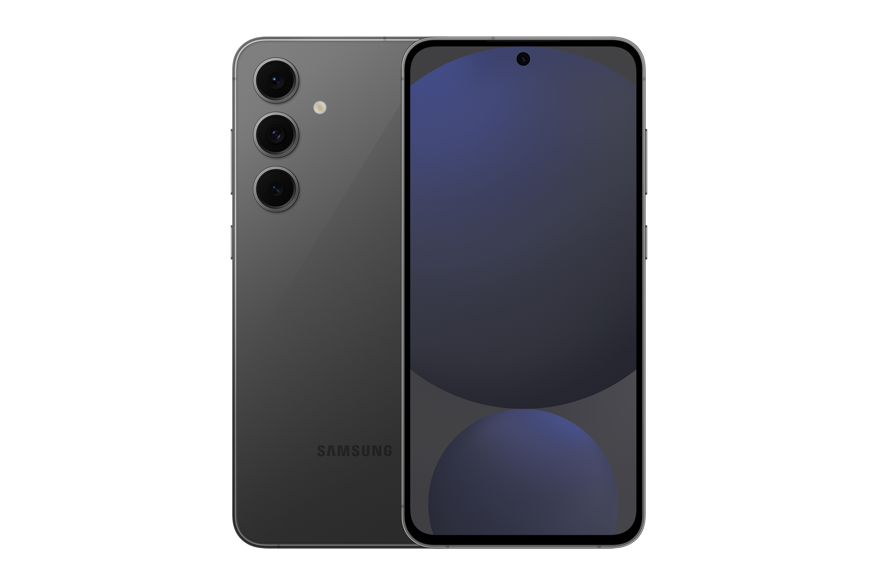 Dunkelgraues Samsung-Smartphone, Vorder- und Rückansicht, auf schwarzem Hintergrund.