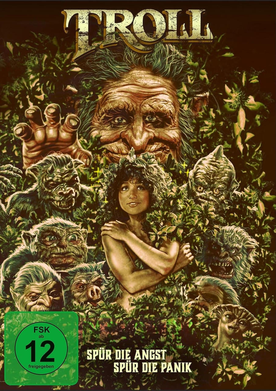 Filmplakat: Frau im Laub, umgeben von Monstern, Titel "Troll" oben.