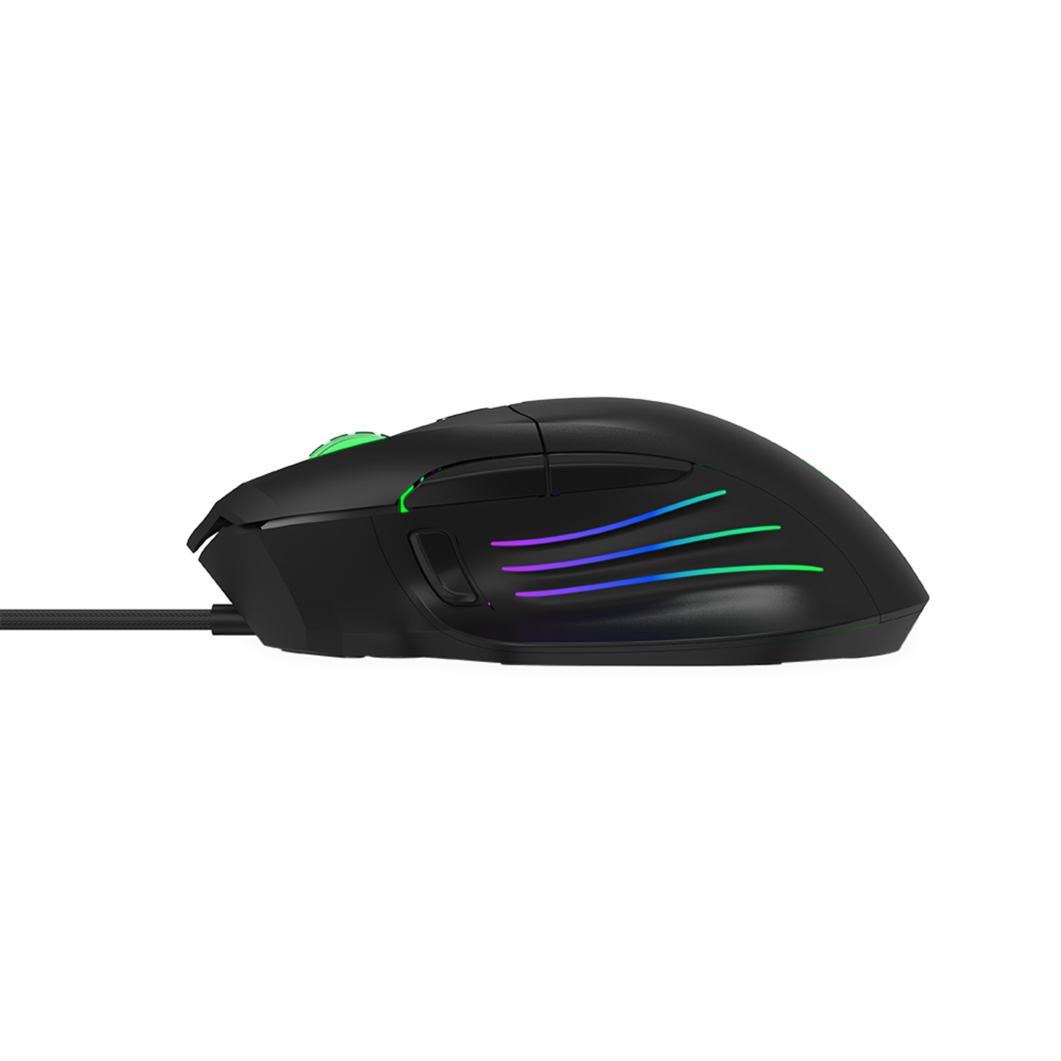 Zwarte gamingmuis met gekleurde lichten. Zwarte achtergrond.