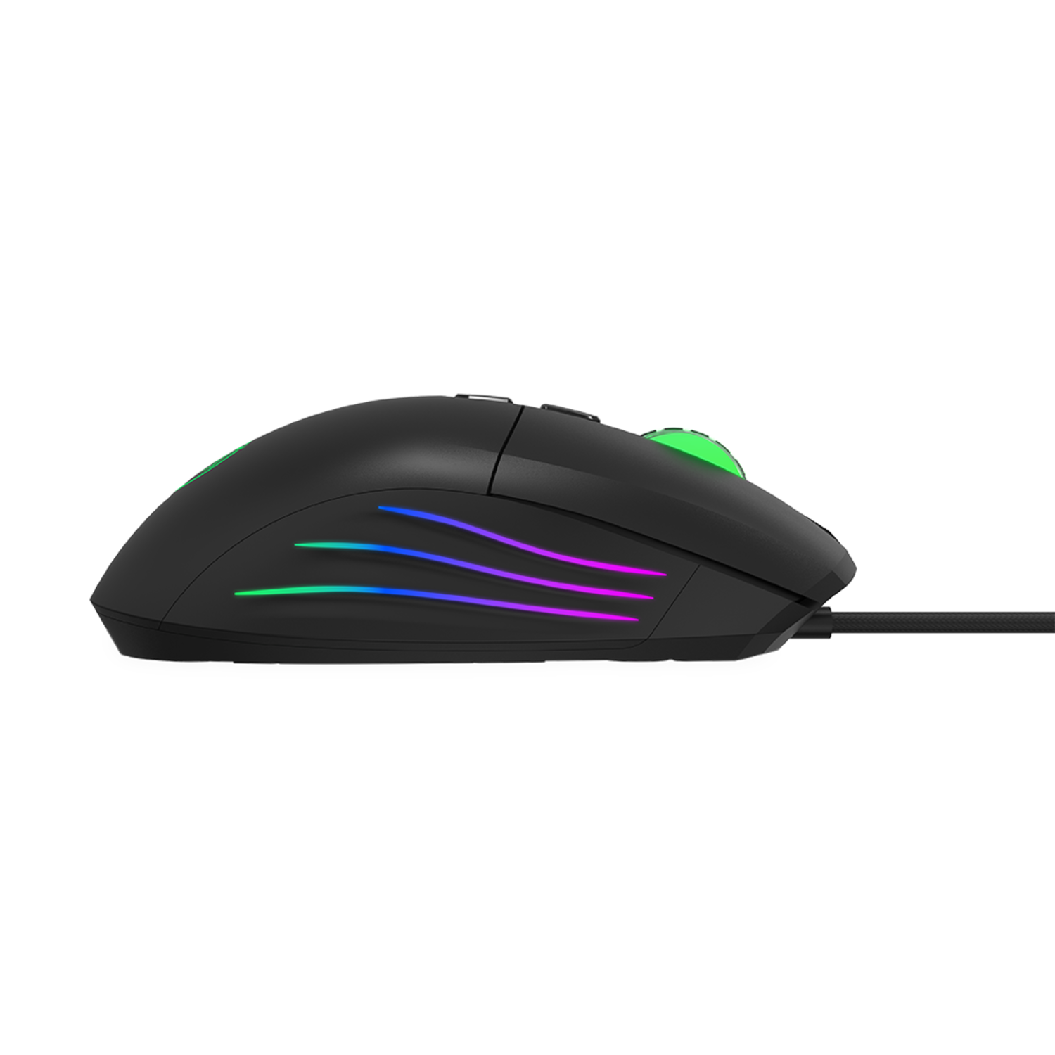 Een zwarte computermuis met RGB-verlichting. Hij wordt van de zijkant gezien met een zwart snoer.