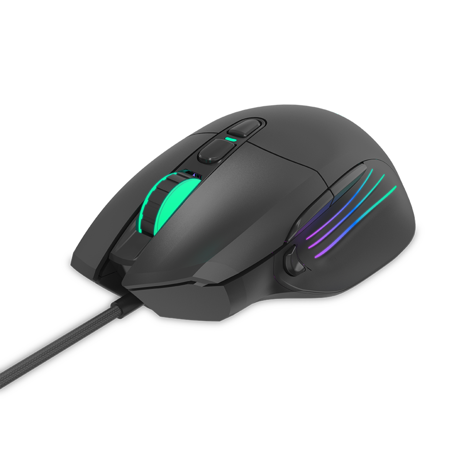 Zwarte gamingmuis met groene en blauwe lichten. Zwarte achtergrond.
