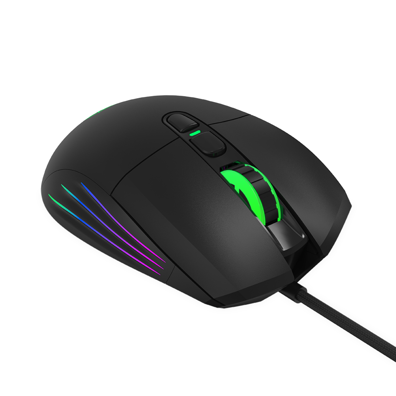 Een zwarte gamingmuis, met groene scrollwiel en zijlichten, op een zwarte achtergrond.
