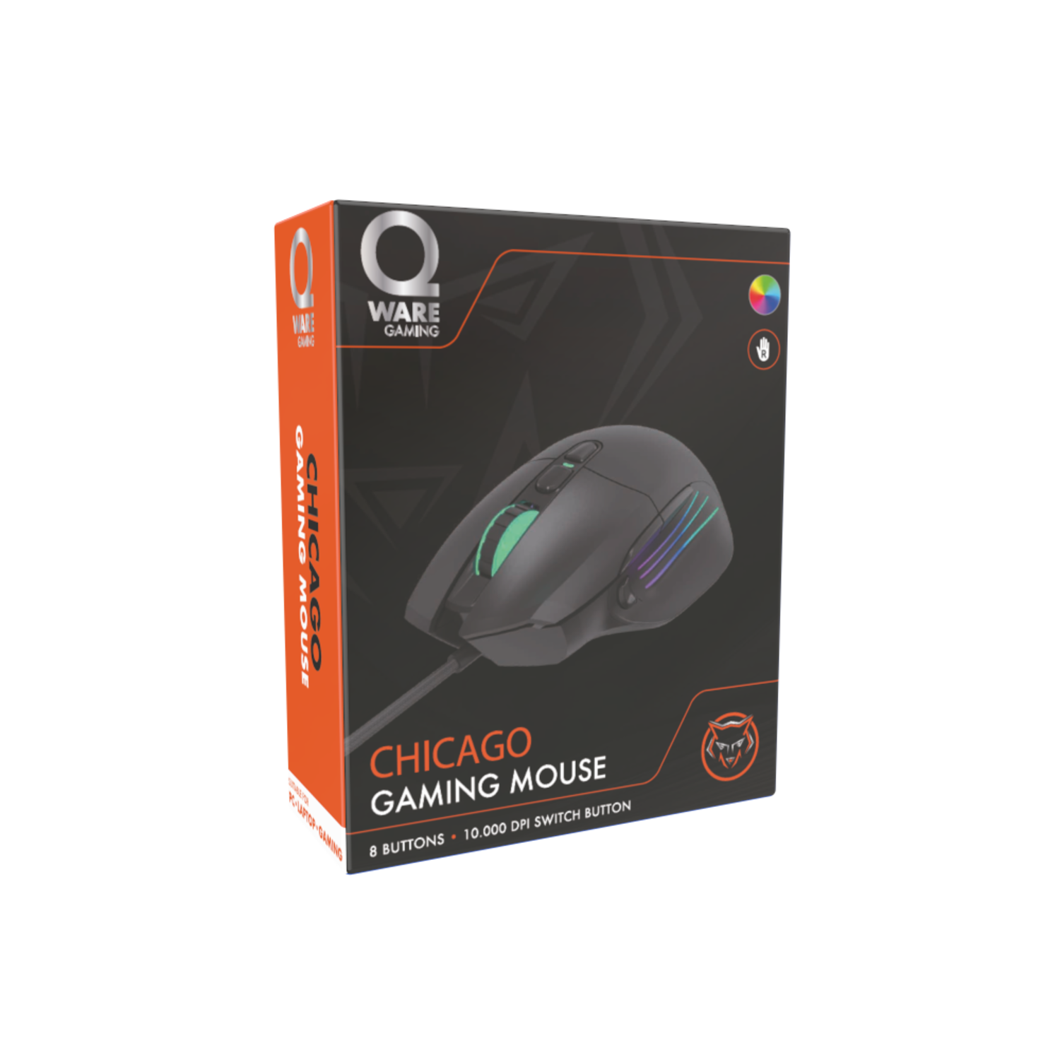 Gaming muisdoos. Zwarte muis met kleurrijke lichten in een doos met Chicago Gaming Mouse.