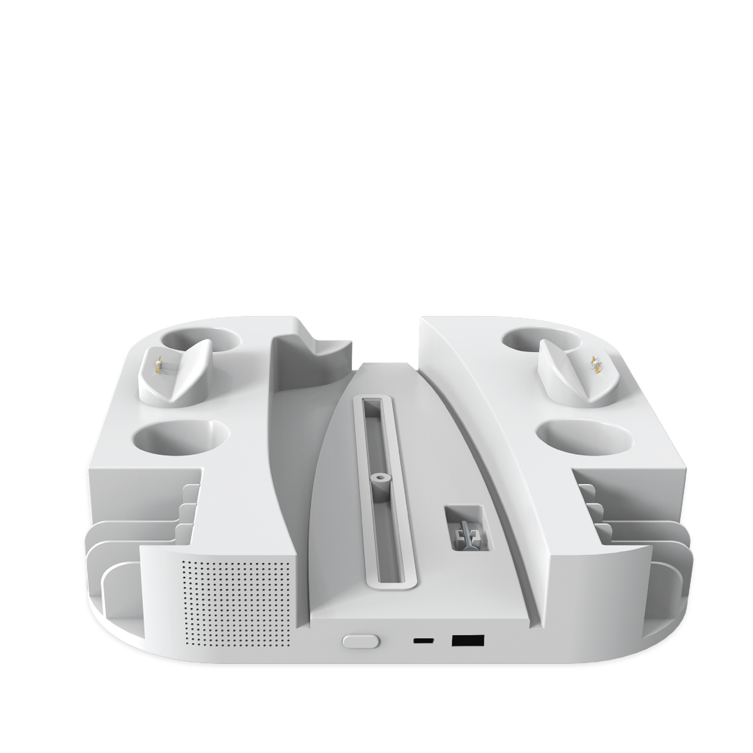 White gaming console stand with multiple slots, a speaker, and a button.