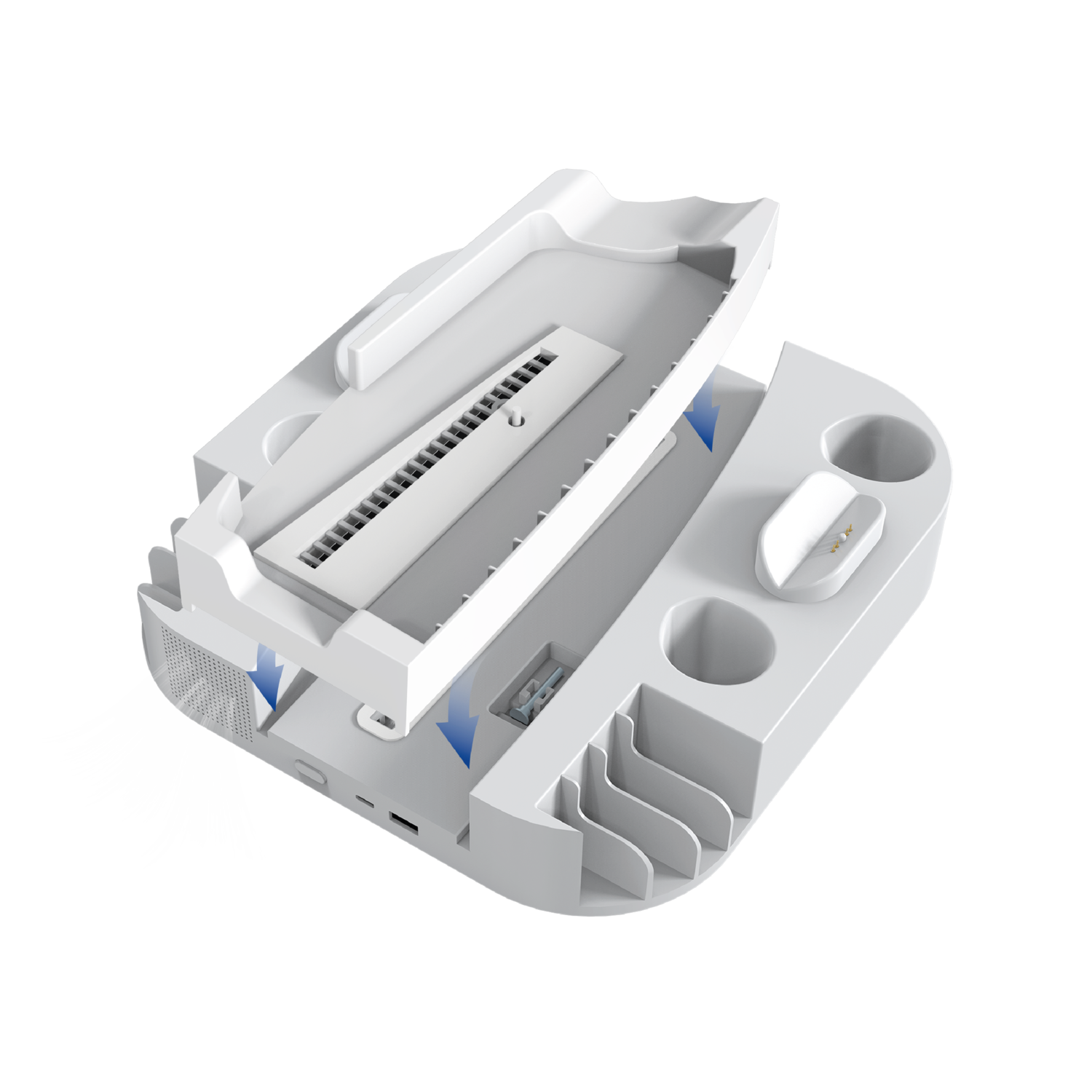 White, open device with components inside, and blue arrows. White background.