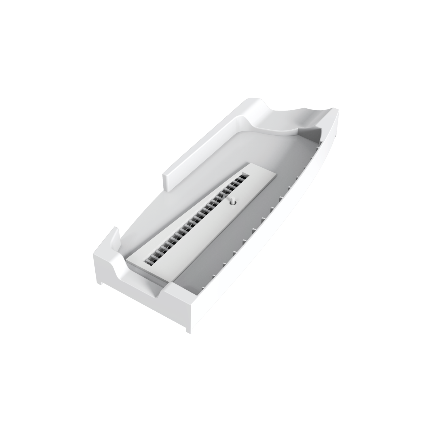 White gaming console stand on black background, with logo. It has a central support and a ramp.