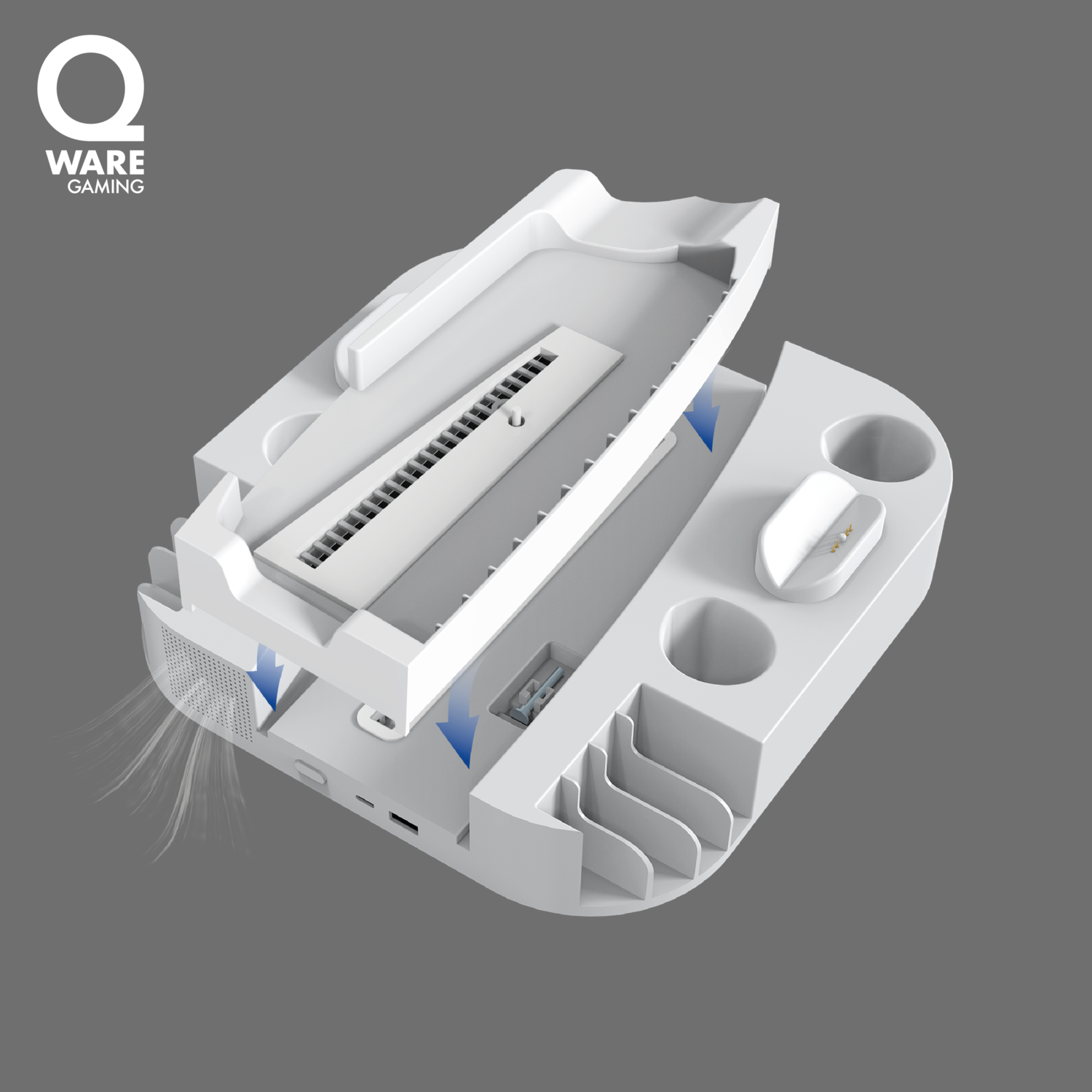 White gaming accessory with multiple openings for a console, with blue airflow arrows, and vents.