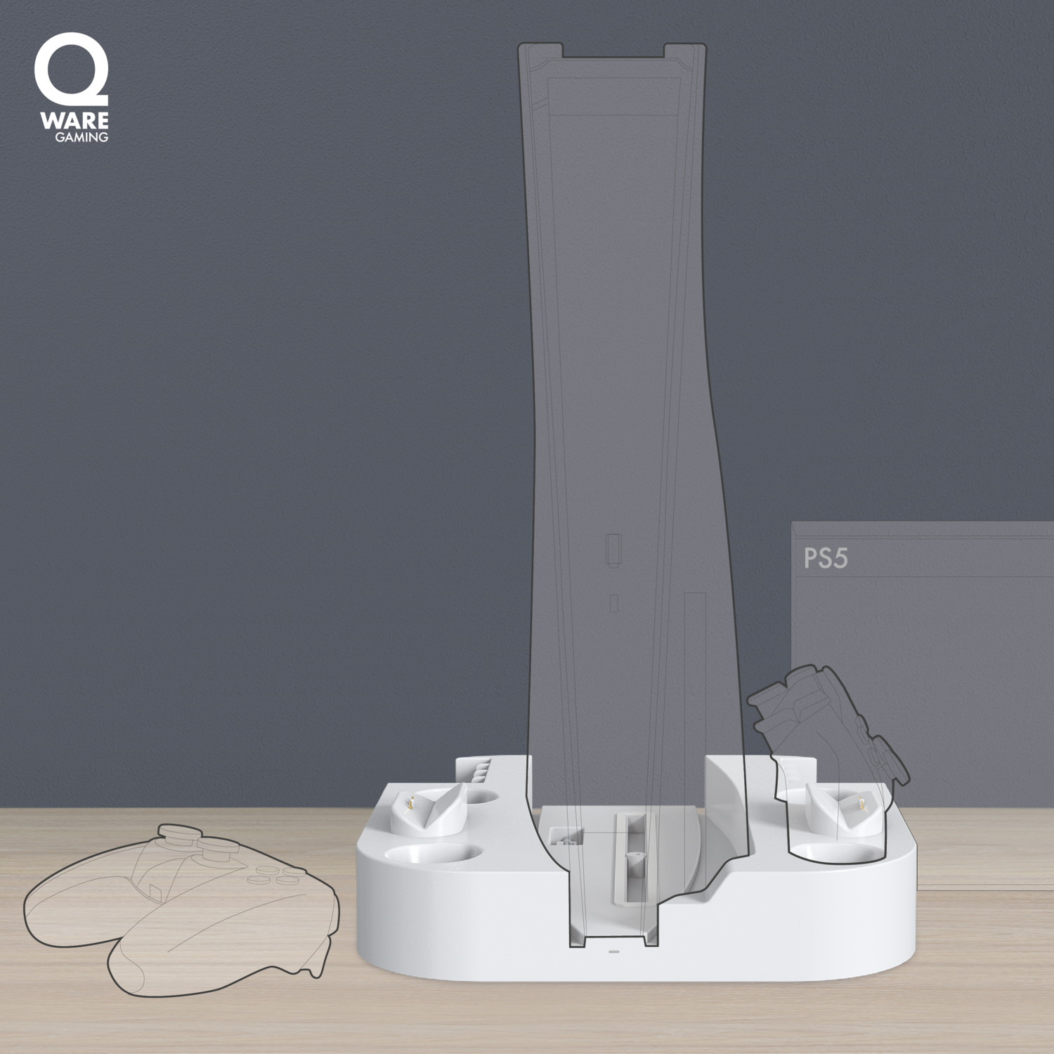 White base with PS5 outline; controller. Gray background, wooden table.