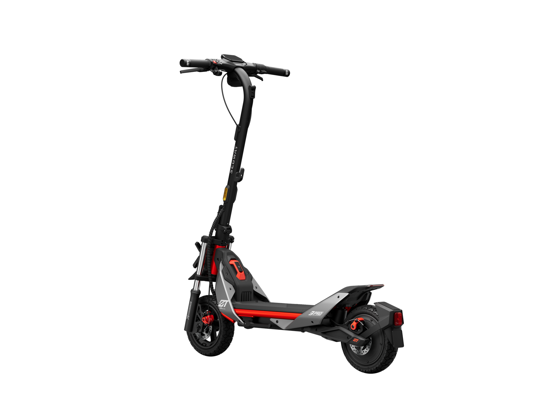 Un patinete eléctrico sobre un fondo negro, con acentos rojos y grises.