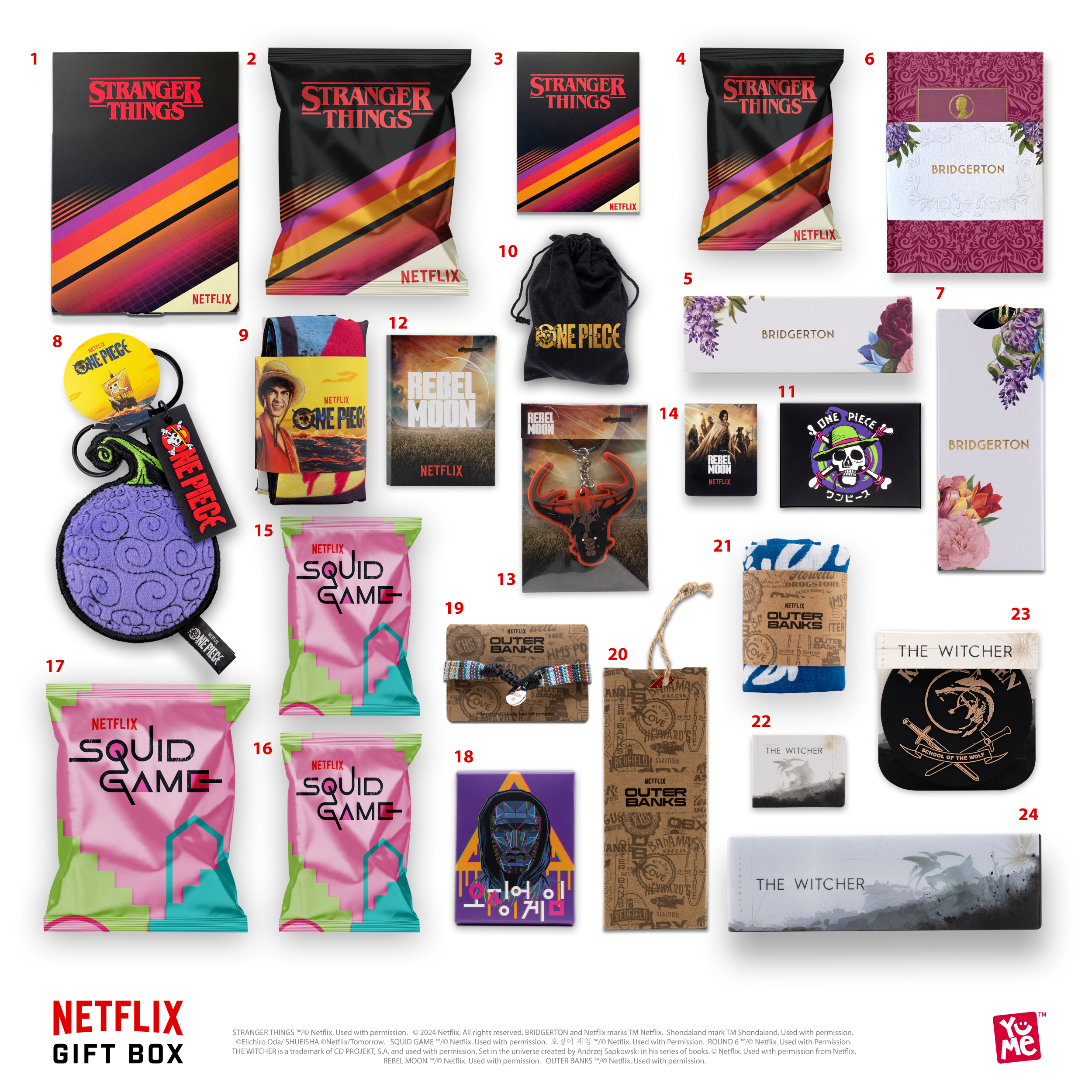 Eine Sammlung von Netflix-Geschenkbox-Artikeln, darunter Stranger Things, Bridgerton, One Piece und Squid Game.