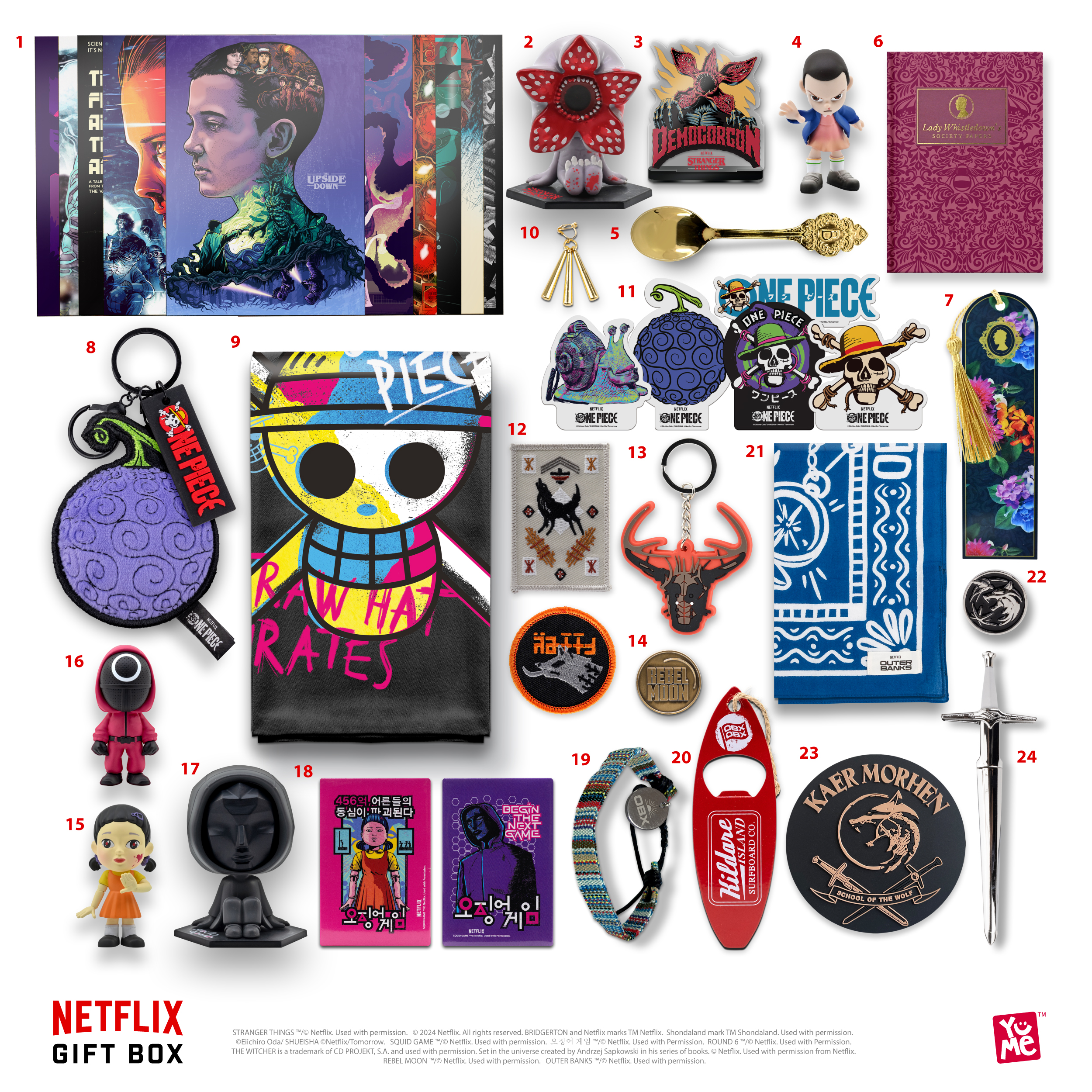 Netflix-Geschenkbox mit verschiedenen Artikeln, darunter Filmplakate, Figuren und Zubehör.