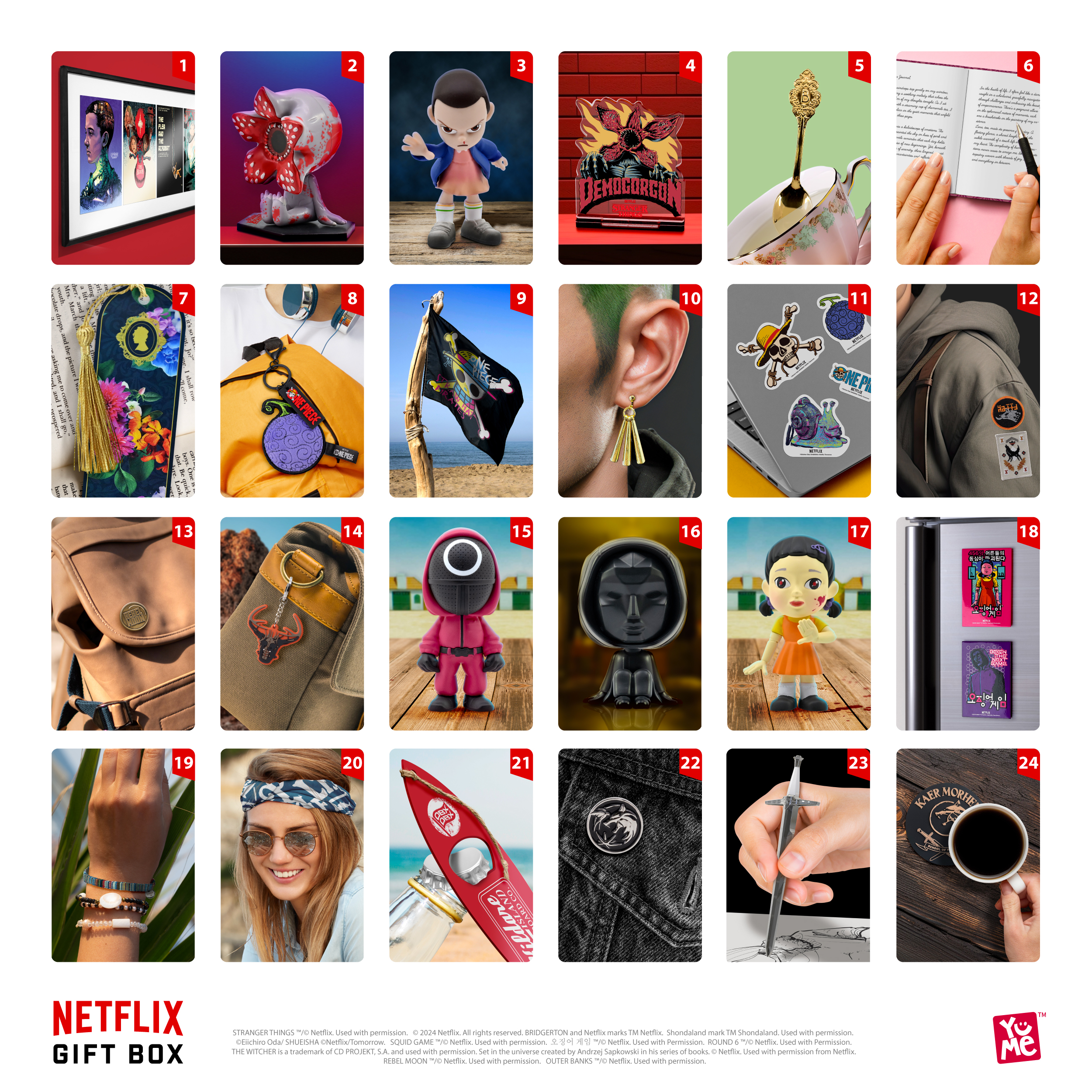 Netflix-Geschenkbox mit 24 Artikeln. Enthält Figuren, Schmuck, Aufkleber und mehr.