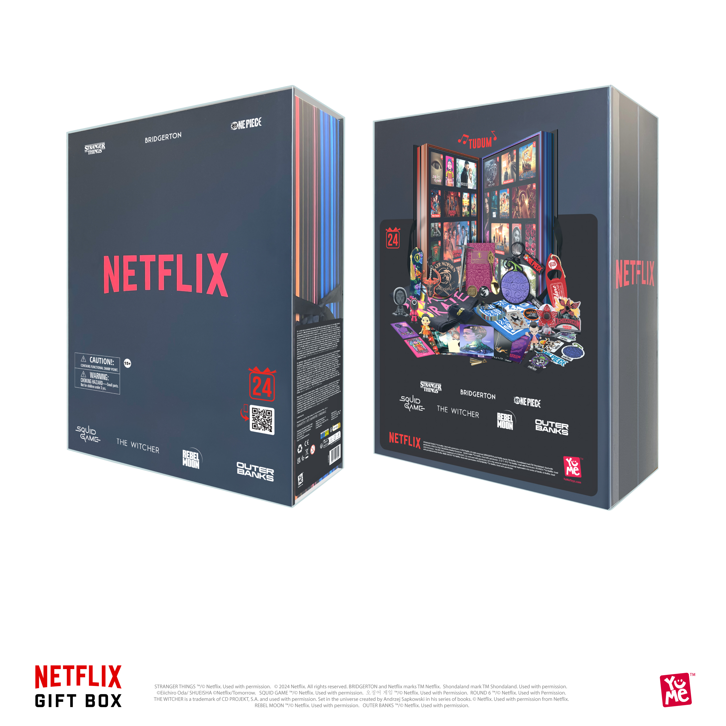 Netflix-Geschenkbox. Vorderseite: Netflix-Logo, Serientitel. Rückseite: Netflix-Logo, Bilder und Geschenkartikel.
