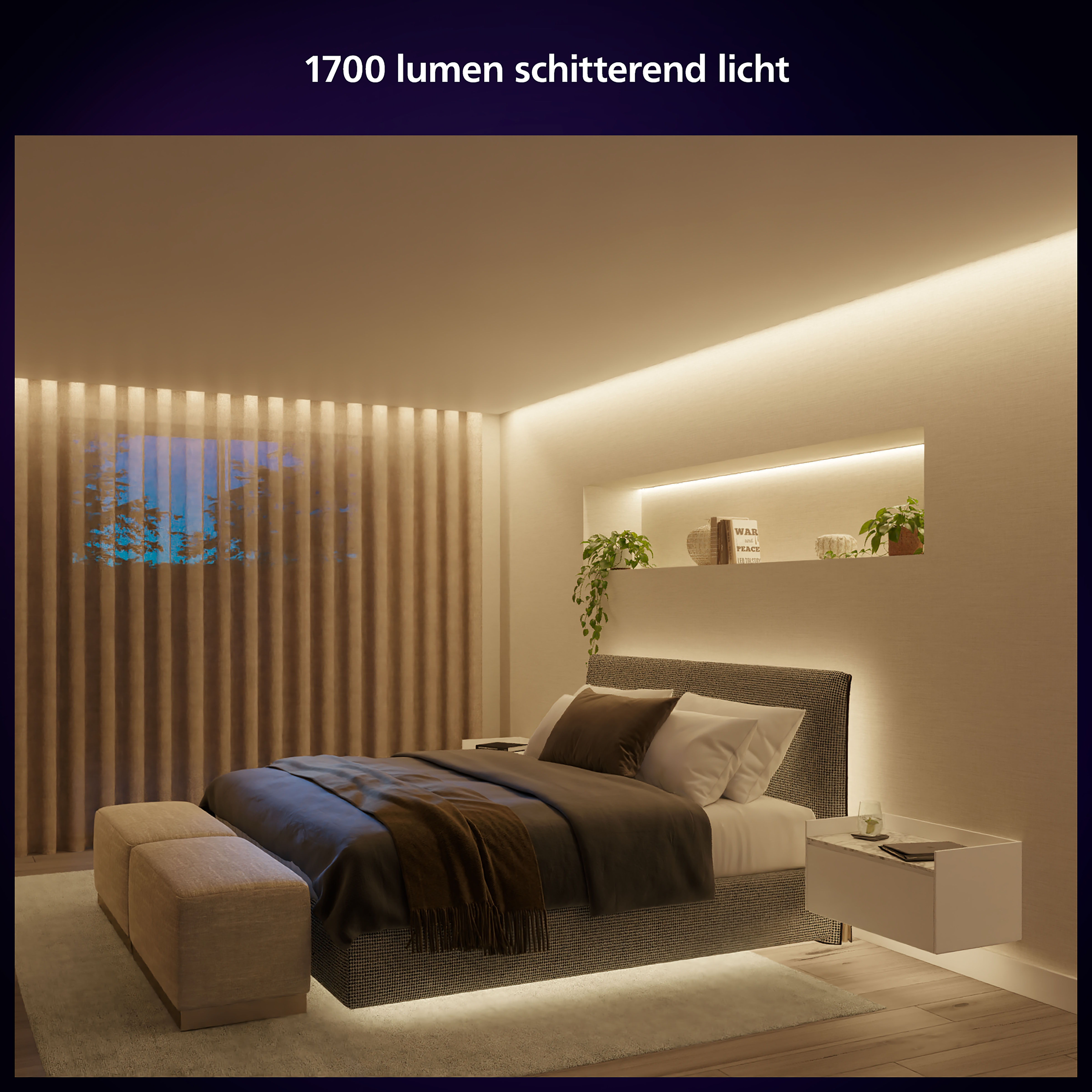 Slaapkamer met bed, planten en verlichting. Tekst bovenaan: 1700 lumen licht.